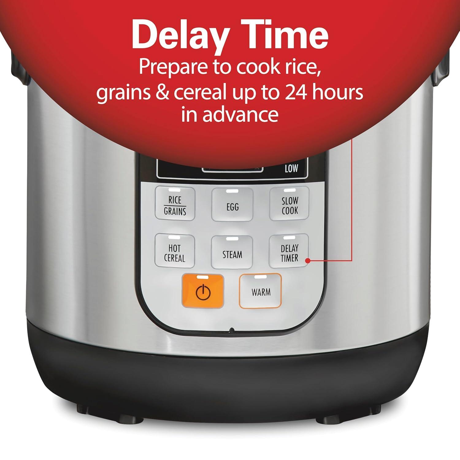 imageHamilton Beach Digital Programmable Rice Cooker amp Food Steamer 8 Cups Cooked 4 Uncooked With Steam amp Rinse Basket Stainless Steel 37518Stainless Steel