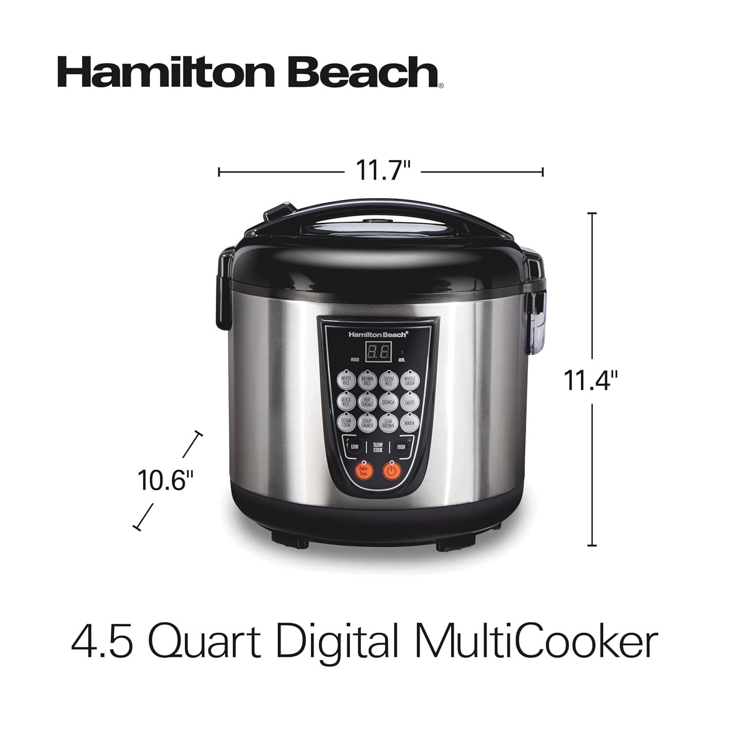 imageHamilton Beach Digital Programmable Rice Cooker amp Food Steamer 8 Cups Cooked 4 Uncooked With Steam amp Rinse Basket Stainless Steel 37518Stainless Steel
