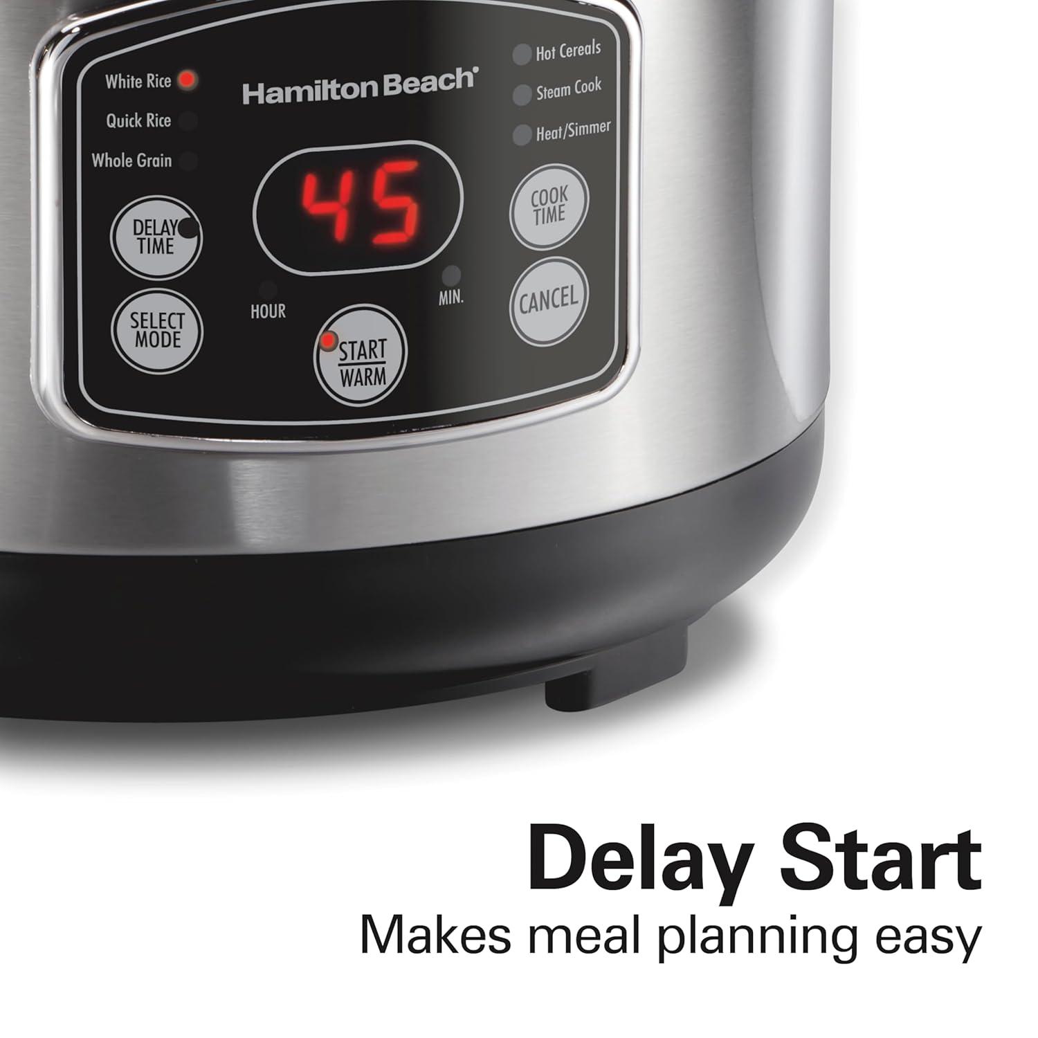 imageHamilton Beach Digital Programmable Rice Cooker amp Food Steamer 8 Cups Cooked 4 Uncooked With Steam amp Rinse Basket Stainless Steel 37518Stainless Steel