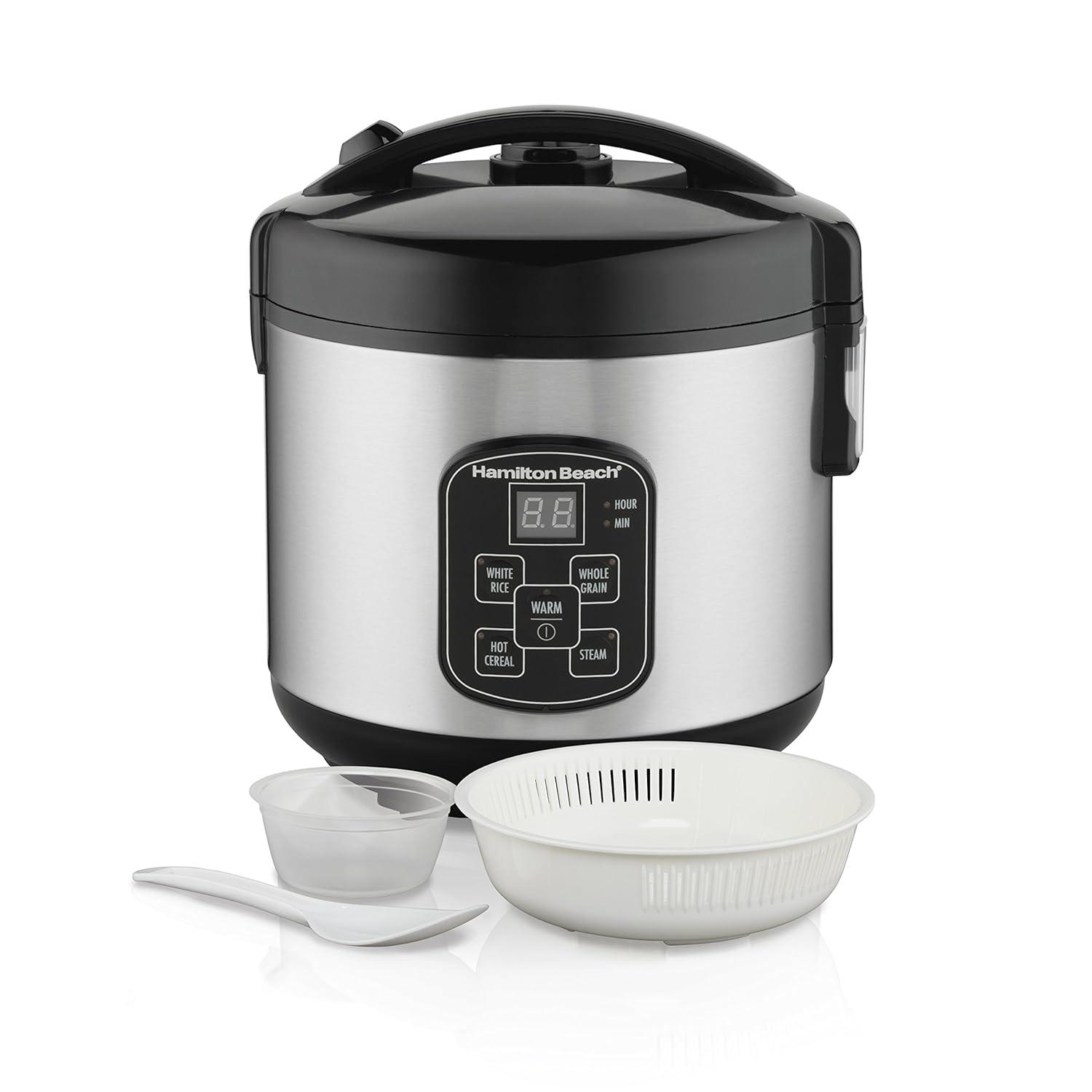 imageHamilton Beach Digital Programmable Rice Cooker amp Food Steamer 8 Cups Cooked 4 Uncooked With Steam amp Rinse Basket Stainless Steel 37518Stainless Steel