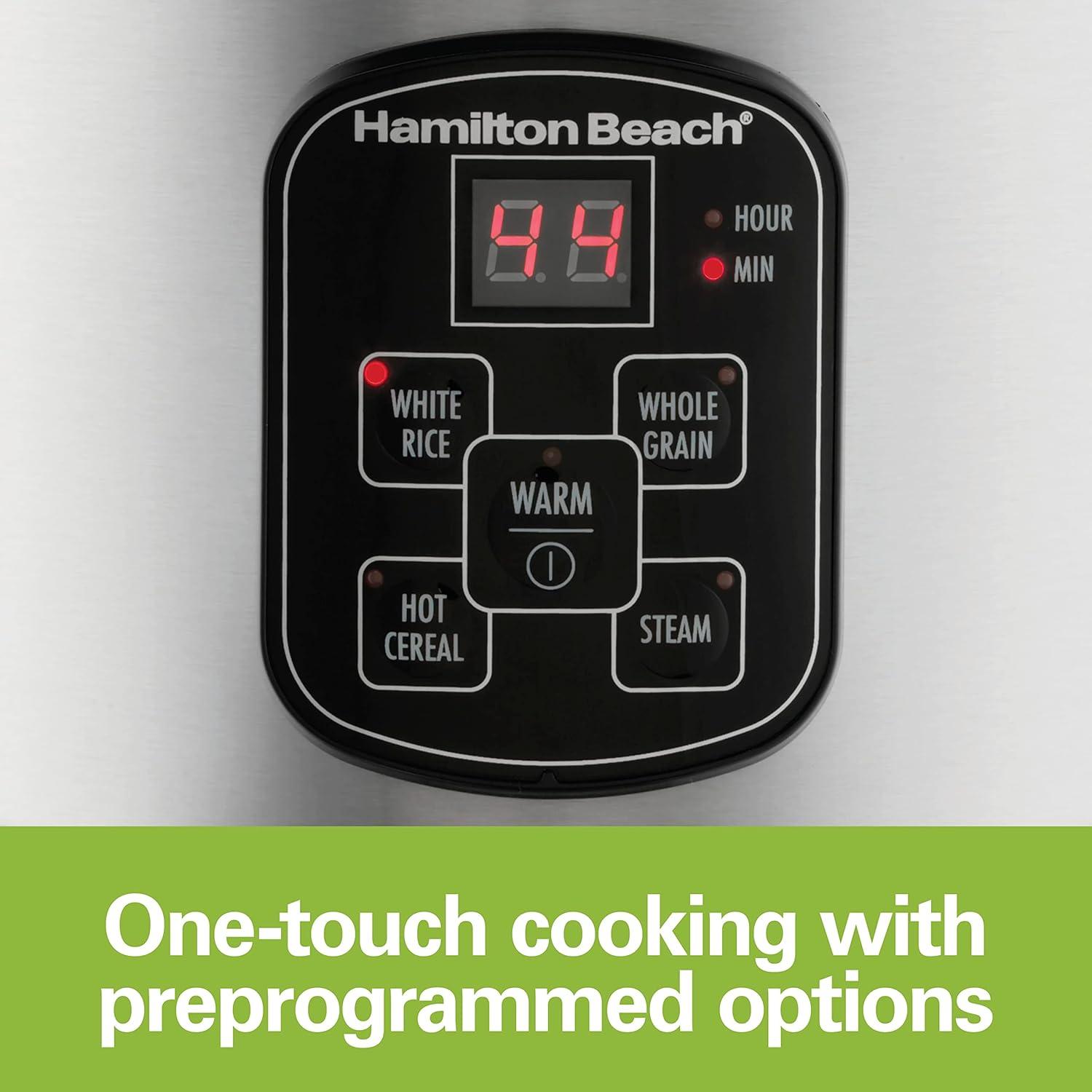 imageHamilton Beach Digital Programmable Rice Cooker amp Food Steamer 8 Cups Cooked 4 Uncooked With Steam amp Rinse Basket Stainless Steel 37518Stainless Steel