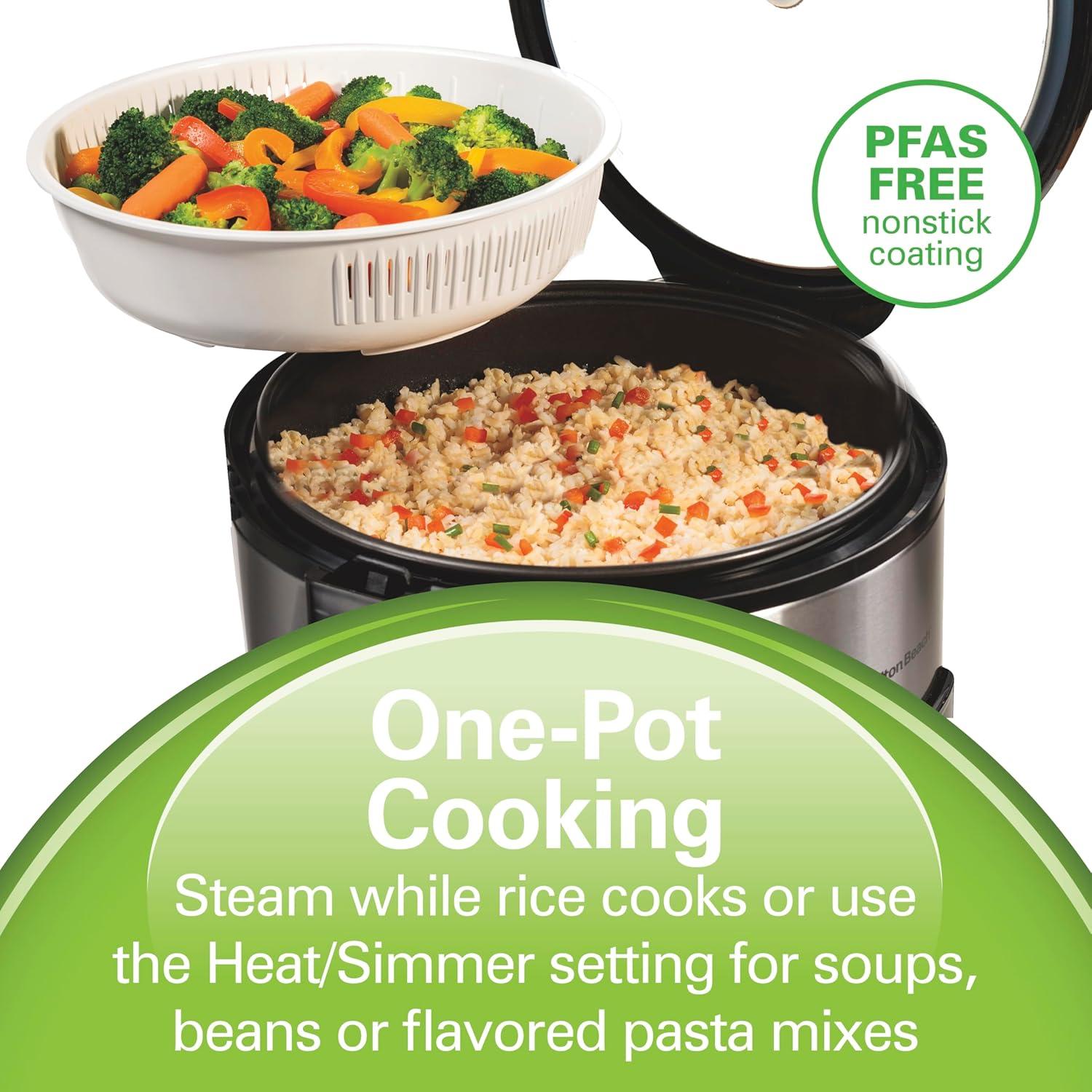 imageHamilton Beach Digital Programmable Rice Cooker amp Food Steamer 8 Cups Cooked 4 Uncooked With Steam amp Rinse Basket Stainless Steel 37518Stainless Steel