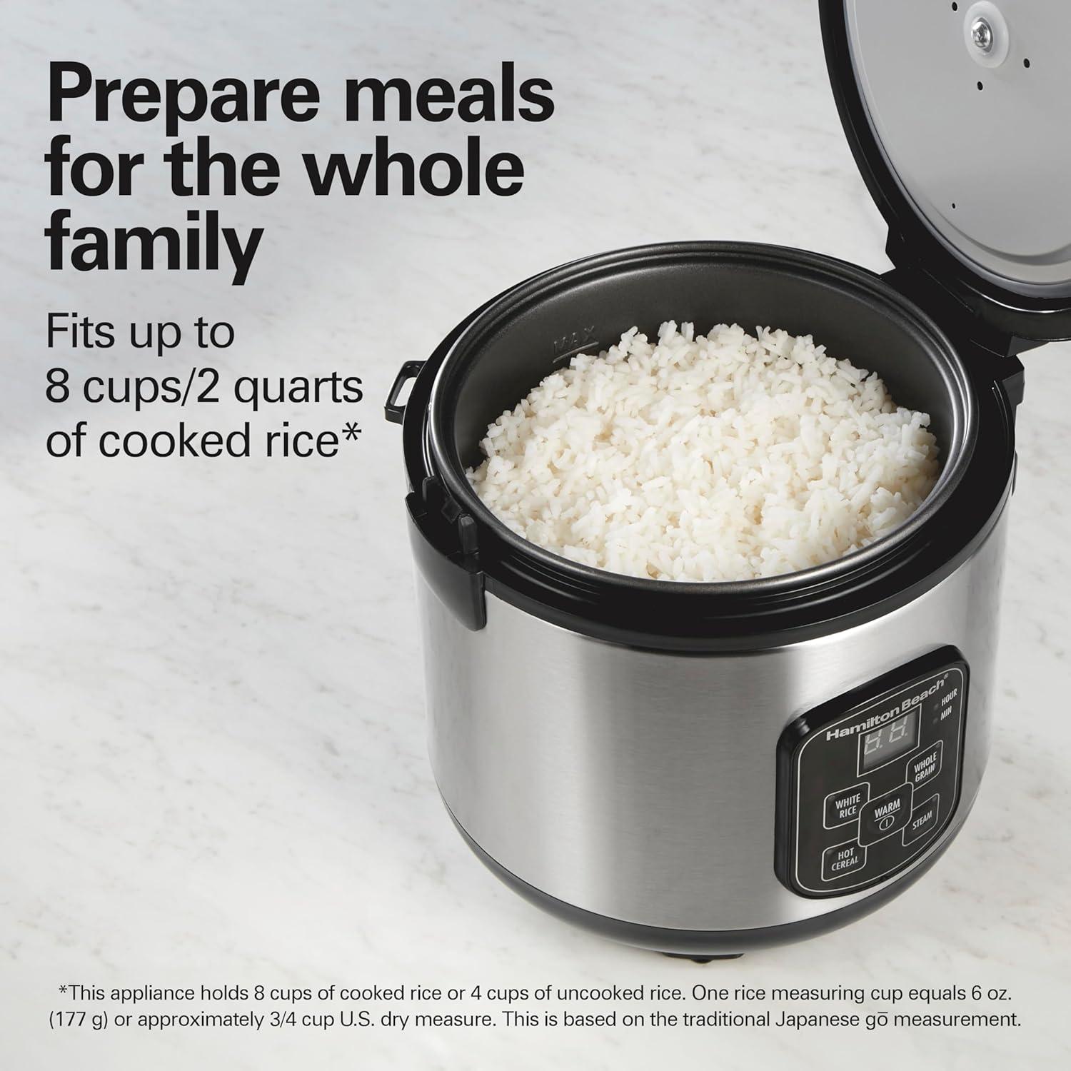 imageHamilton Beach Digital Programmable Rice Cooker amp Food Steamer 8 Cups Cooked 4 Uncooked With Steam amp Rinse Basket Stainless Steel 37518Stainless Steel