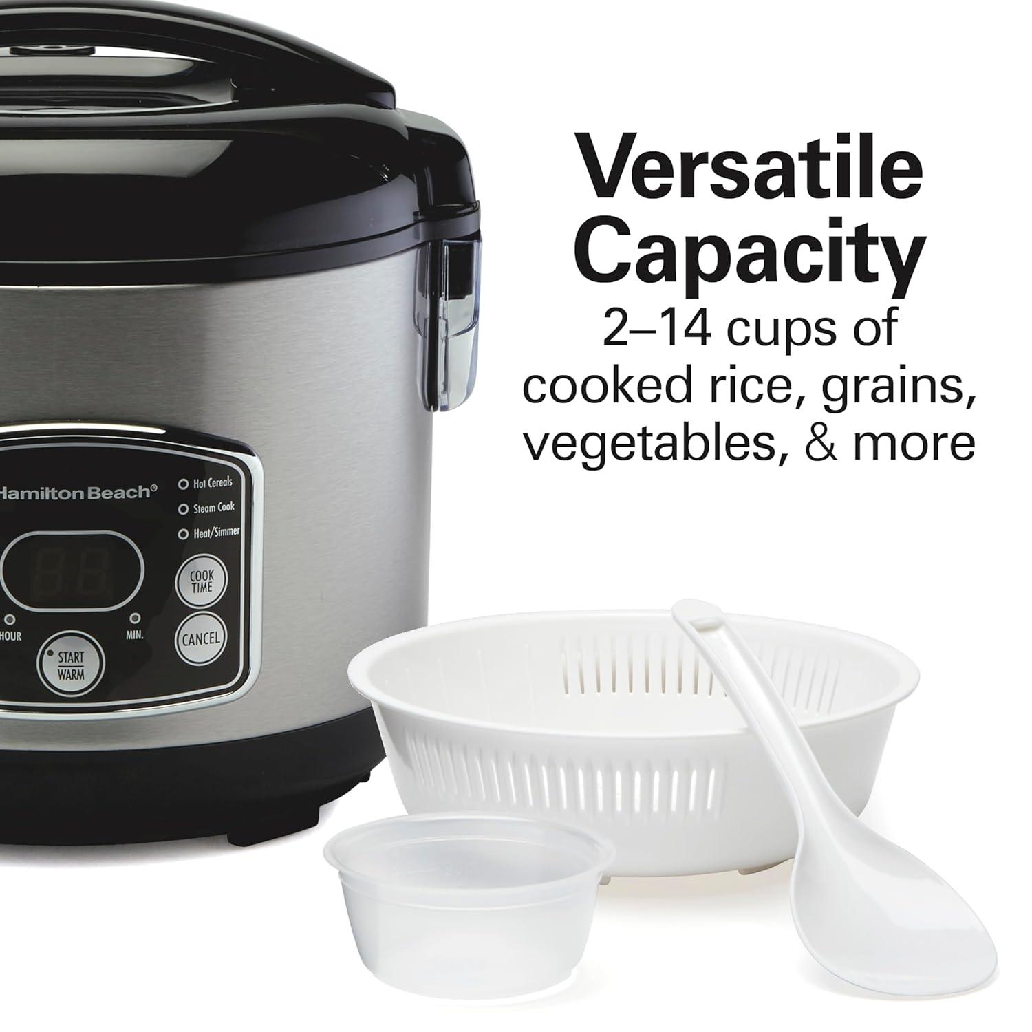 imageHamilton Beach Digital Programmable Rice Cooker amp Food Steamer 8 Cups Cooked 4 Uncooked With Steam amp Rinse Basket Stainless Steel 37518Stainless Steel
