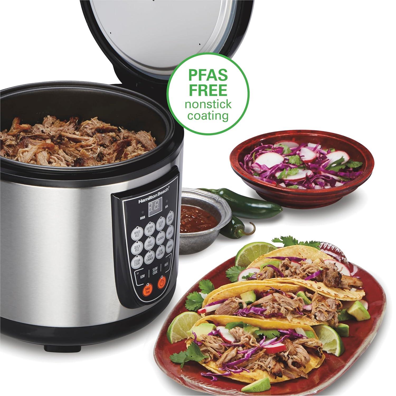 imageHamilton Beach Digital Programmable Rice Cooker amp Food Steamer 8 Cups Cooked 4 Uncooked With Steam amp Rinse Basket Stainless Steel 37518Stainless Steel