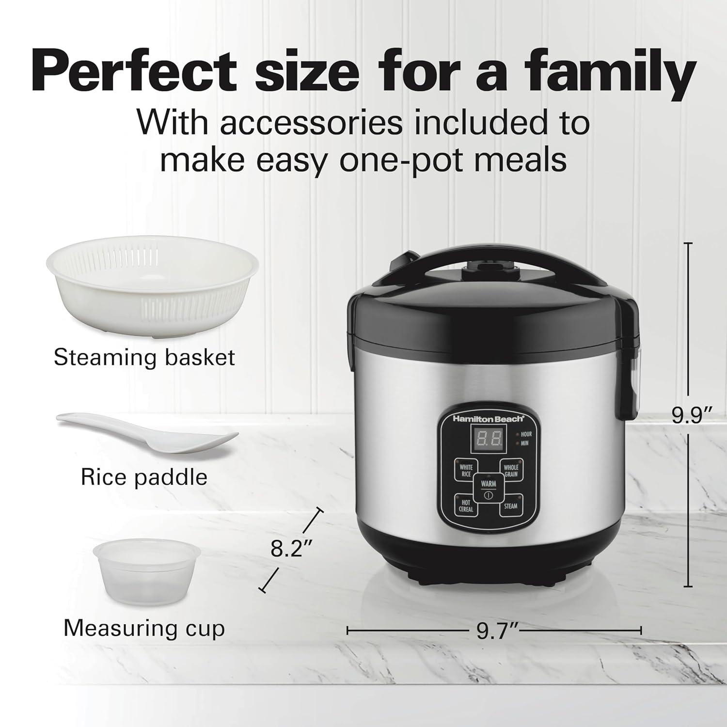imageHamilton Beach Digital Programmable Rice Cooker amp Food Steamer 8 Cups Cooked 4 Uncooked With Steam amp Rinse Basket Stainless Steel 37518Stainless Steel