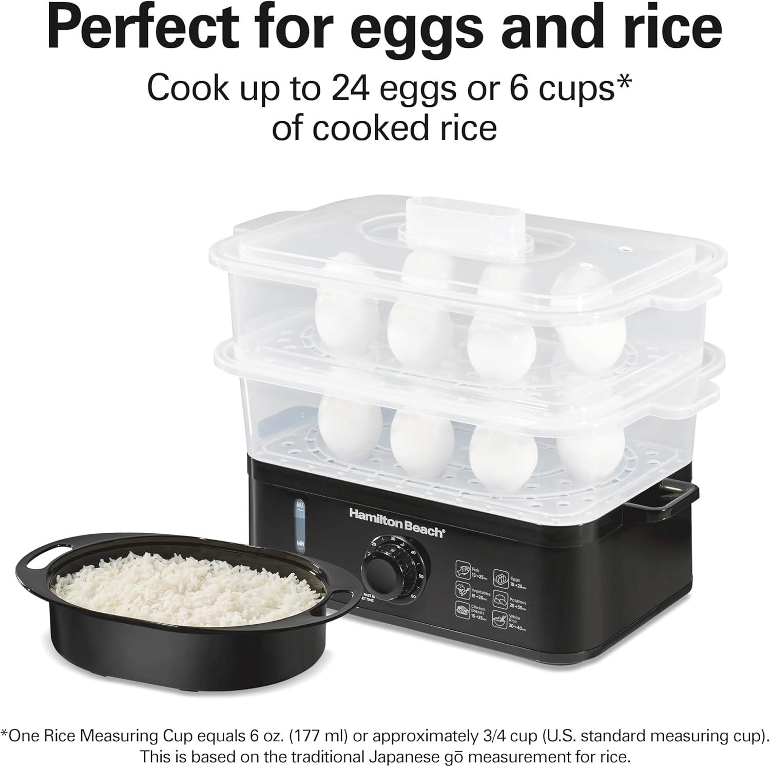 imageHamilton Beach Electric Food Steamer Rice Cooker amp Egg Boiler for Quick Fast Healthy Cooking with Stackable ThreeTier Bowls for Vegetables and Seafood 95 Quarts Auto Shutoff Black 37430