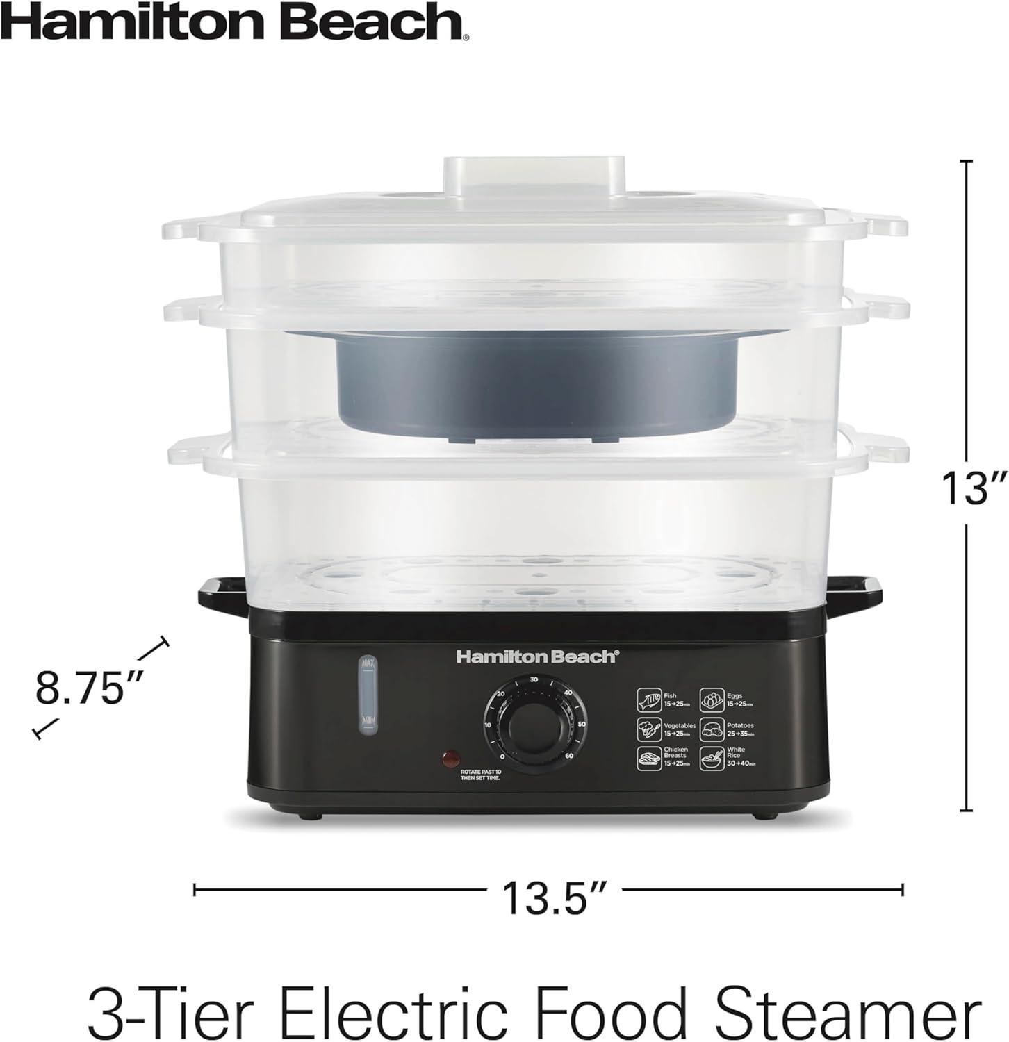 imageHamilton Beach Electric Food Steamer Rice Cooker amp Egg Boiler for Quick Fast Healthy Cooking with Stackable ThreeTier Bowls for Vegetables and Seafood 95 Quarts Auto Shutoff Black 37430