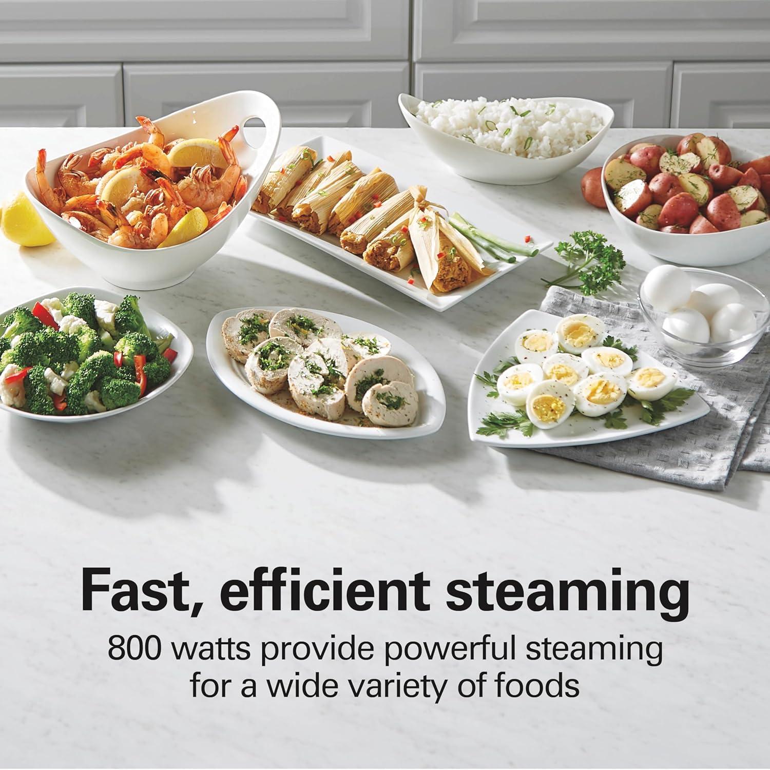 imageHamilton Beach Electric Food Steamer Rice Cooker amp Egg Boiler for Quick Fast Healthy Cooking with Stackable ThreeTier Bowls for Vegetables and Seafood 95 Quarts Auto Shutoff Black 37430