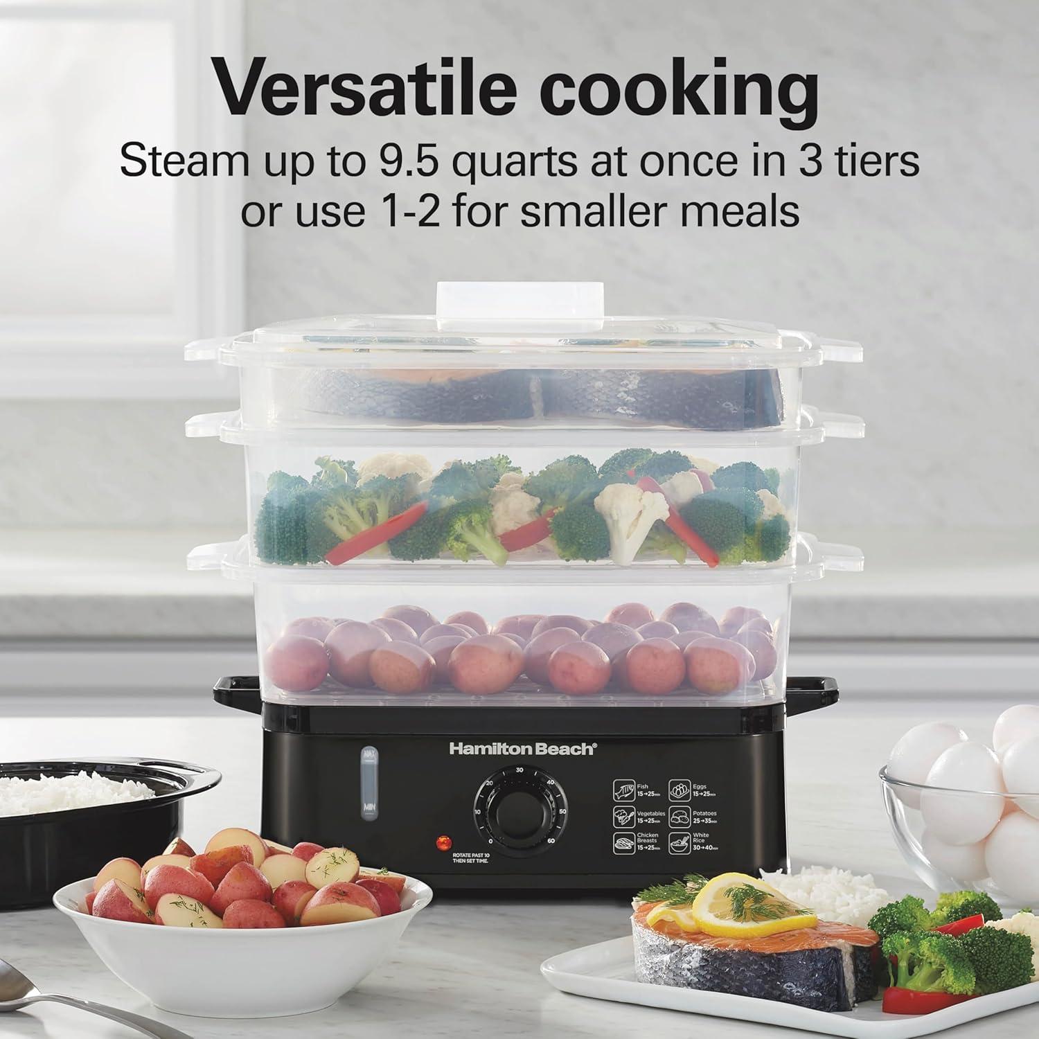 imageHamilton Beach Electric Food Steamer Rice Cooker amp Egg Boiler for Quick Fast Healthy Cooking with Stackable ThreeTier Bowls for Vegetables and Seafood 95 Quarts Auto Shutoff Black 37430