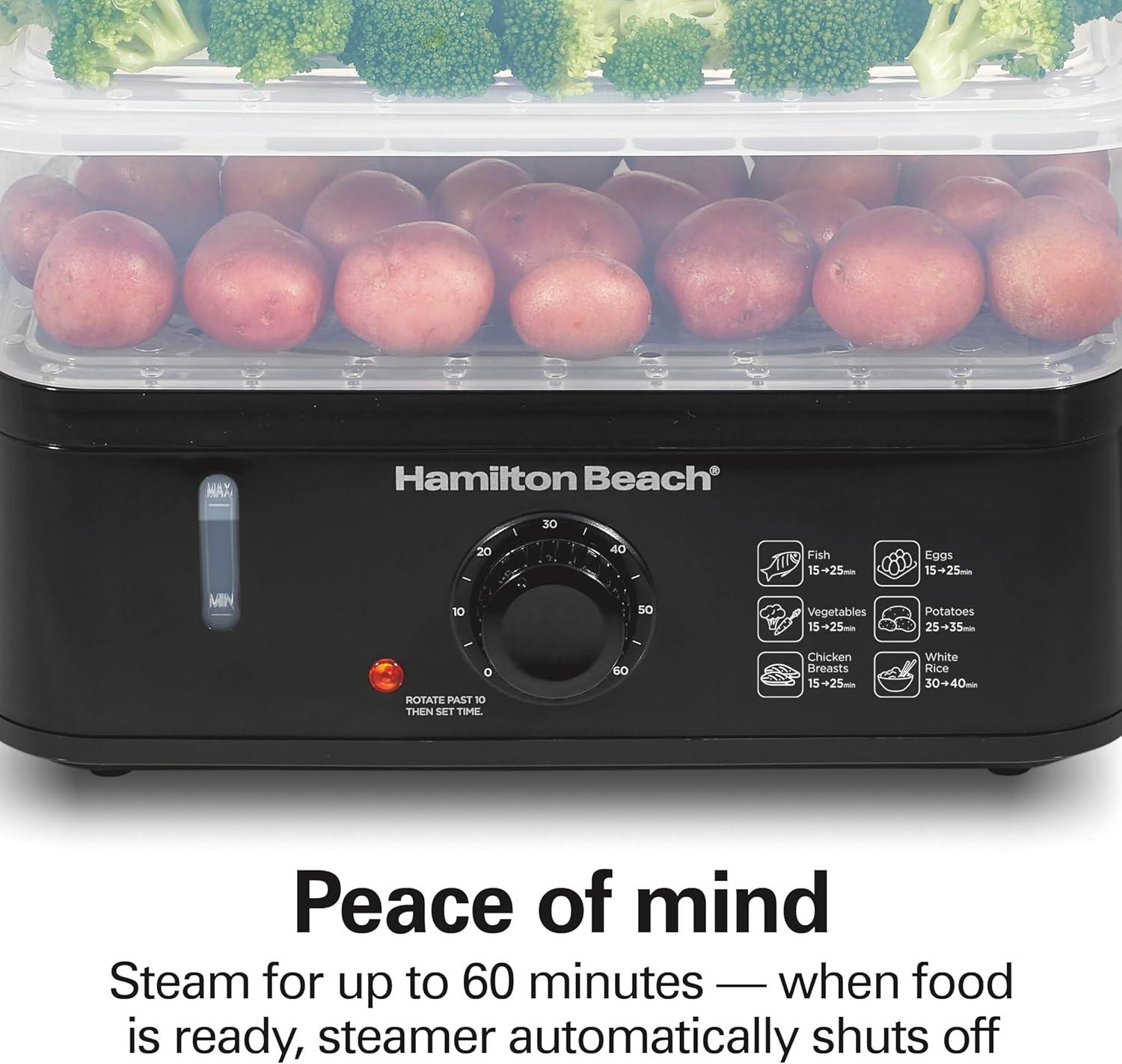 imageHamilton Beach Electric Food Steamer Rice Cooker amp Egg Boiler for Quick Fast Healthy Cooking with Stackable ThreeTier Bowls for Vegetables and Seafood 95 Quarts Auto Shutoff Black 37430