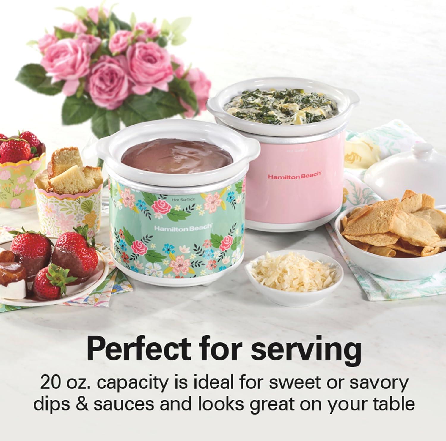 imageHamilton Beach Party Dipper Electric Food Warmer Twin Pack Great for Entertaining and Gifts 20 oz Capacity For Desserts Dips Sauces Cheeses Solid Pink and Colorful Floral Print 33102
