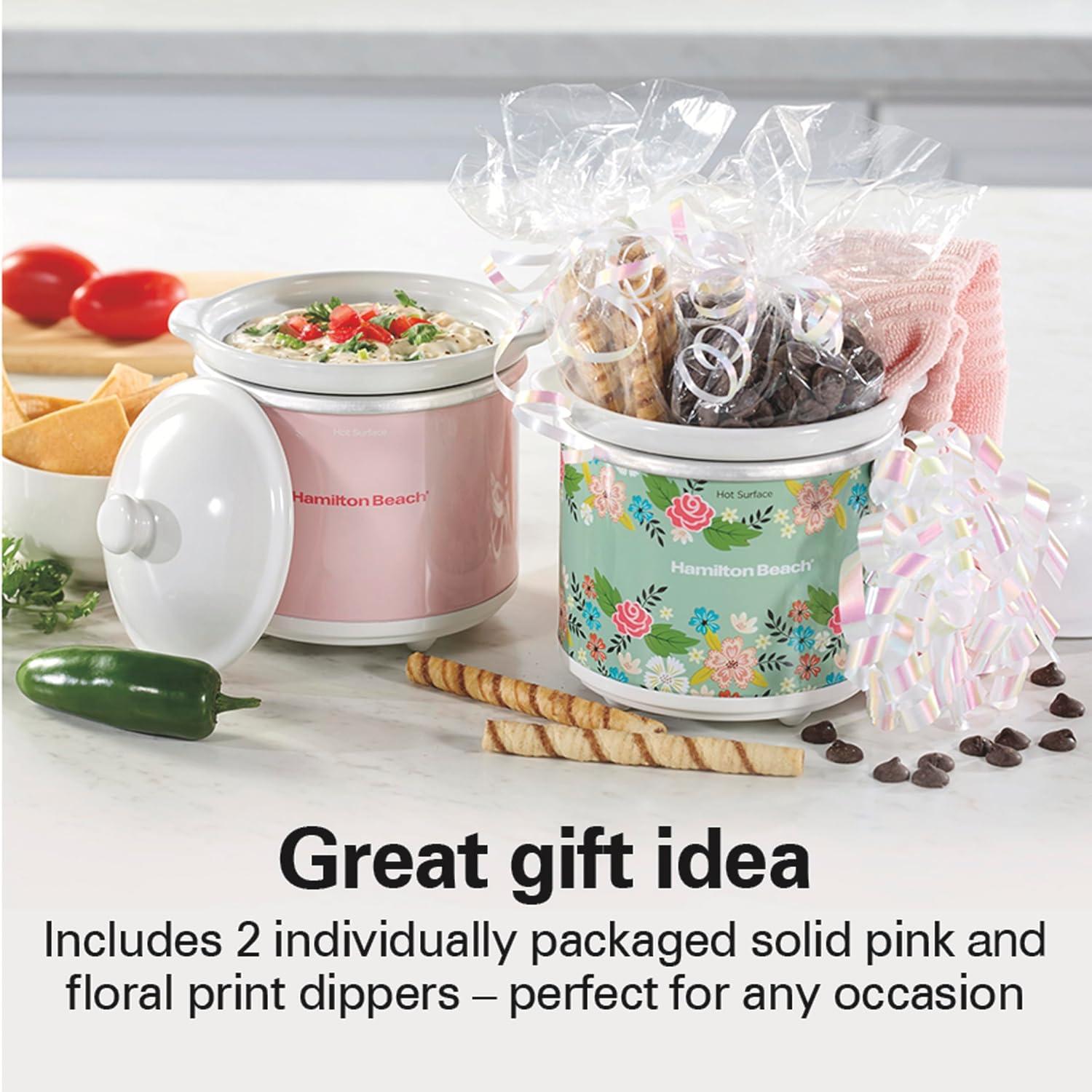 imageHamilton Beach Party Dipper Electric Food Warmer Twin Pack Great for Entertaining and Gifts 20 oz Capacity For Desserts Dips Sauces Cheeses Solid Pink and Colorful Floral Print 33102