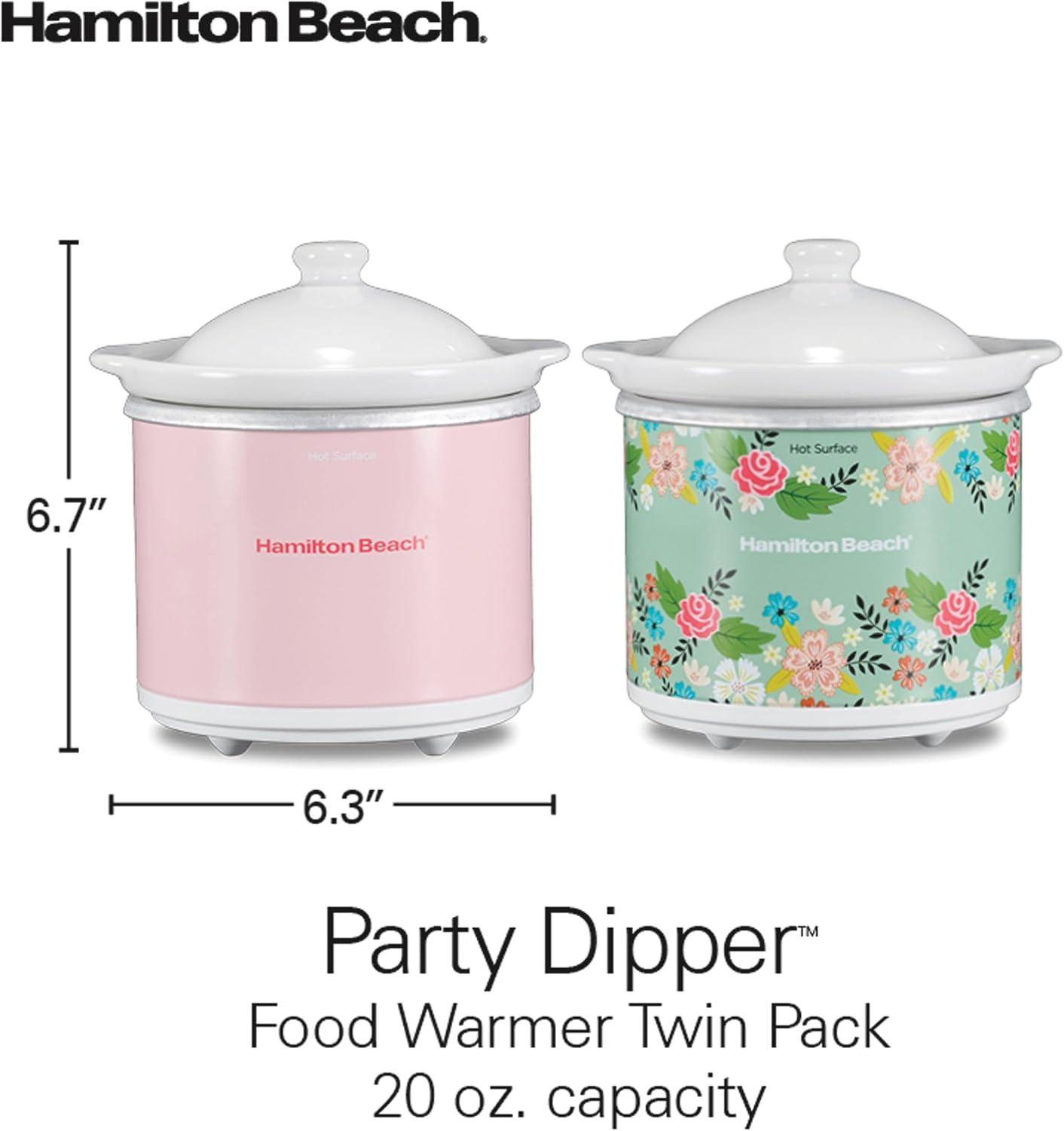 imageHamilton Beach Party Dipper Electric Food Warmer Twin Pack Great for Entertaining and Gifts 20 oz Capacity For Desserts Dips Sauces Cheeses Solid Pink and Colorful Floral Print 33102