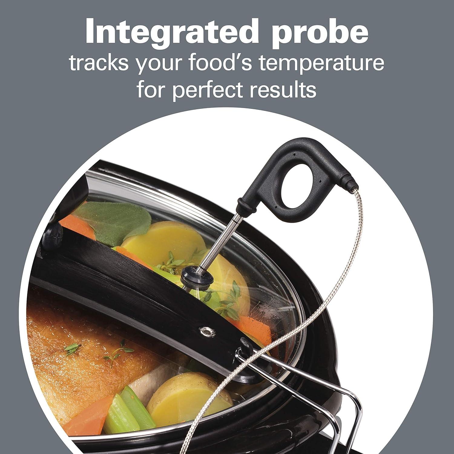imageHamilton Beach Portable 6 Quart Set amp Forget Digital Programmable Slow Cooker with Lid Lock Temperature Probe amp Defrost Setting Dishwasher Safe Crock amp Lid Silver 33869Temp Tracker Black Stainless