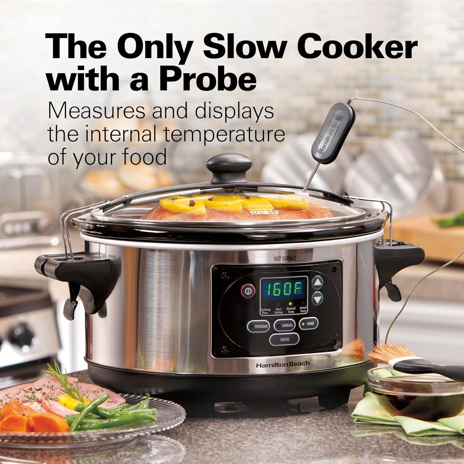 imageHamilton Beach Portable 6 Quart Set amp Forget Digital Programmable Slow Cooker with Lid Lock Temperature Probe amp Defrost Setting Dishwasher Safe Crock amp Lid Silver 33869Set Forget Stainless Steel