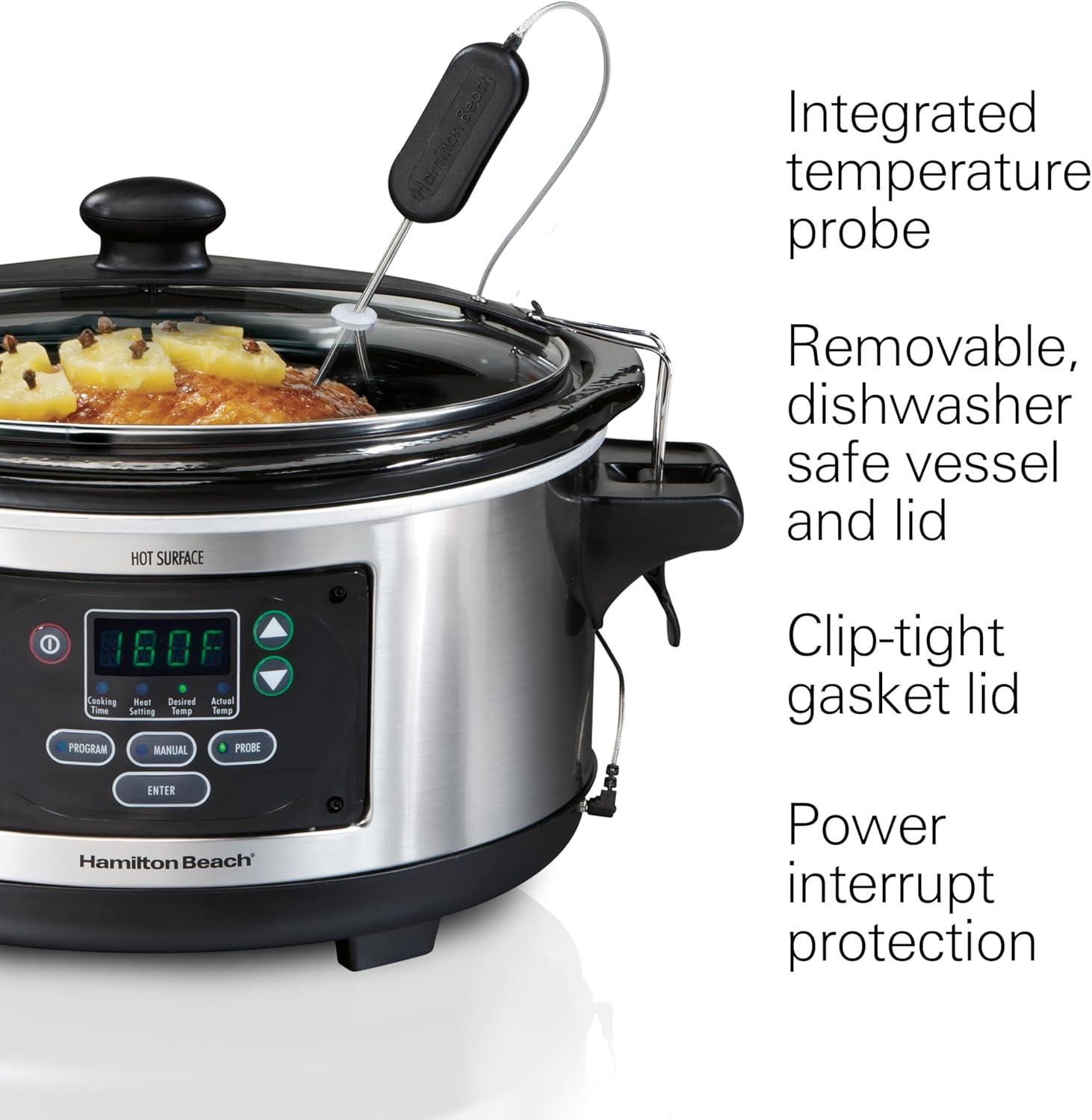 imageHamilton Beach Portable 6 Quart Set amp Forget Digital Programmable Slow Cooker with Lid Lock Temperature Probe amp Defrost Setting Dishwasher Safe Crock amp Lid Silver 33869Set Forget Stainless Steel
