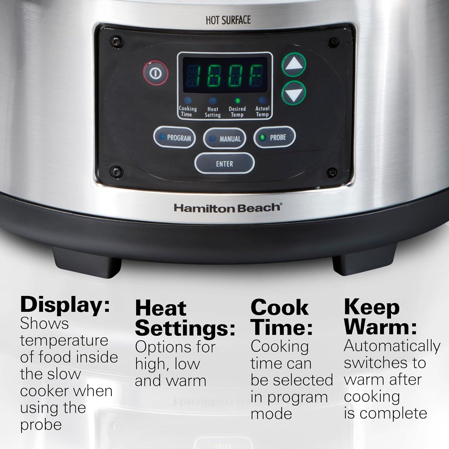 imageHamilton Beach Portable 6 Quart Set amp Forget Digital Programmable Slow Cooker with Lid Lock Temperature Probe amp Defrost Setting Dishwasher Safe Crock amp Lid Silver 33869Set Forget Stainless Steel