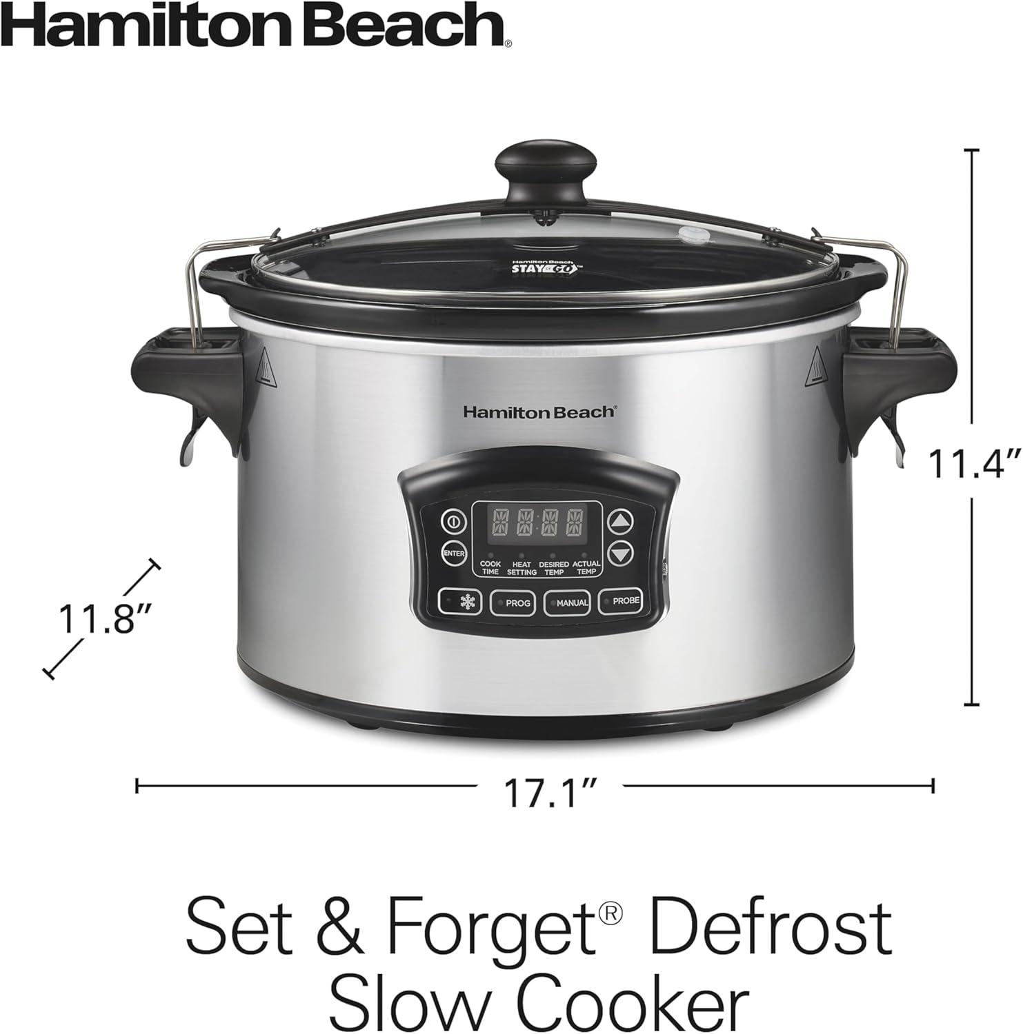 imageHamilton Beach Portable 6 Quart Set amp Forget Digital Programmable Slow Cooker with Lid Lock Temperature Probe amp Defrost Setting Dishwasher Safe Crock amp Lid Silver 33869Defrost Silver
