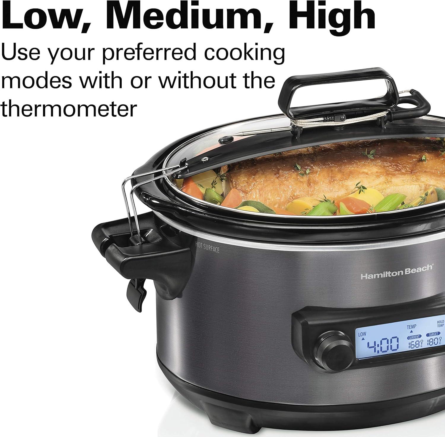 imageHamilton Beach Portable 6 Quart Set amp Forget Digital Programmable Slow Cooker with Lid Lock Temperature Probe amp Defrost Setting Dishwasher Safe Crock amp Lid Silver 33869Temp Tracker Black Stainless