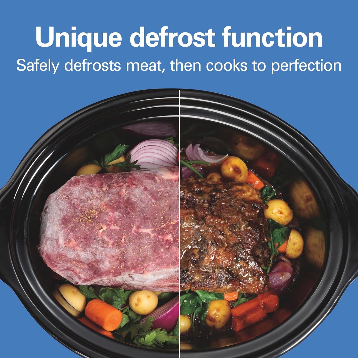 imageHamilton Beach Portable 6 Quart Set amp Forget Digital Programmable Slow Cooker with Lid Lock Temperature Probe amp Defrost Setting Dishwasher Safe Crock amp Lid Silver 33869Defrost Silver