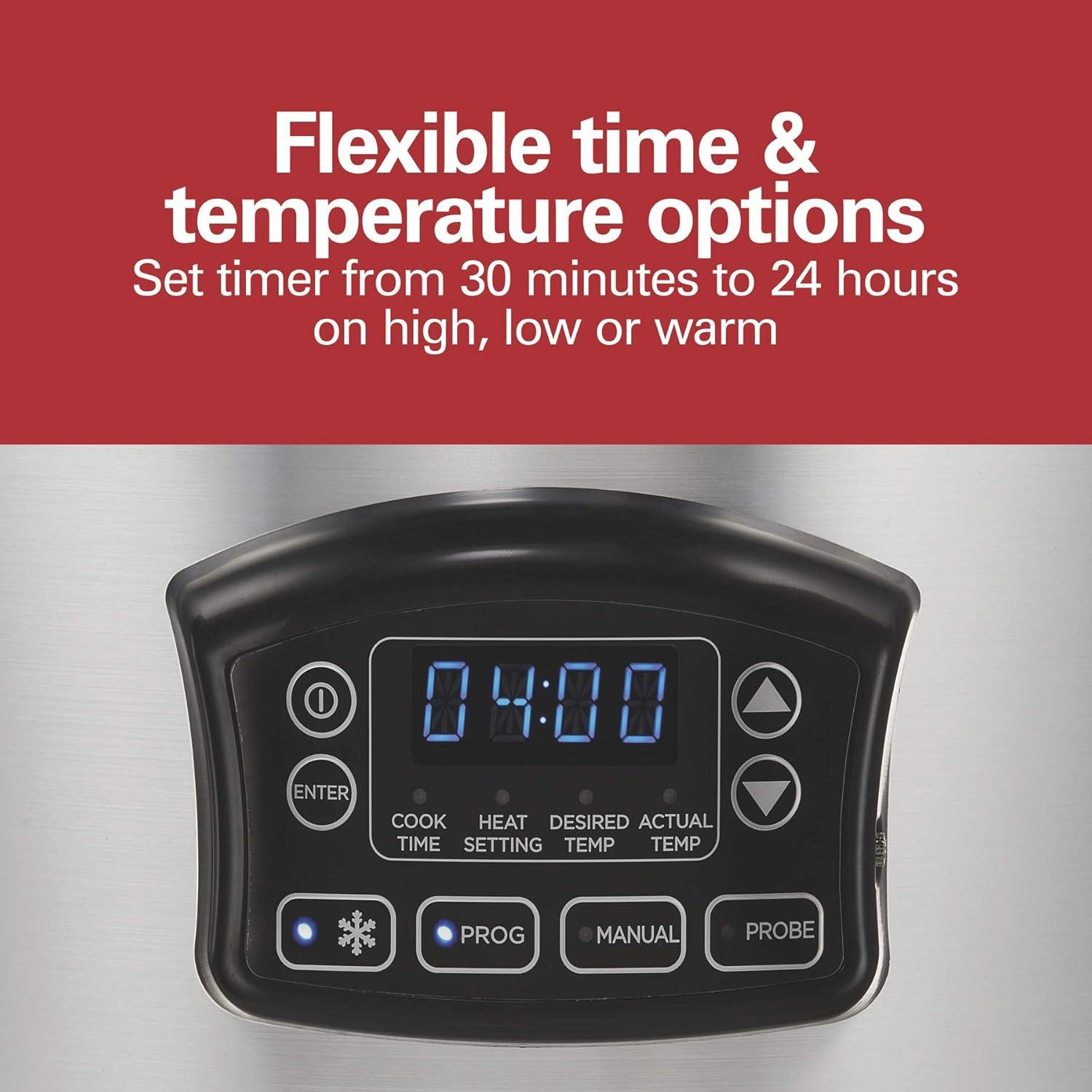 imageHamilton Beach Portable 6 Quart Set amp Forget Digital Programmable Slow Cooker with Lid Lock Temperature Probe amp Defrost Setting Dishwasher Safe Crock amp Lid Silver 33869Defrost Silver