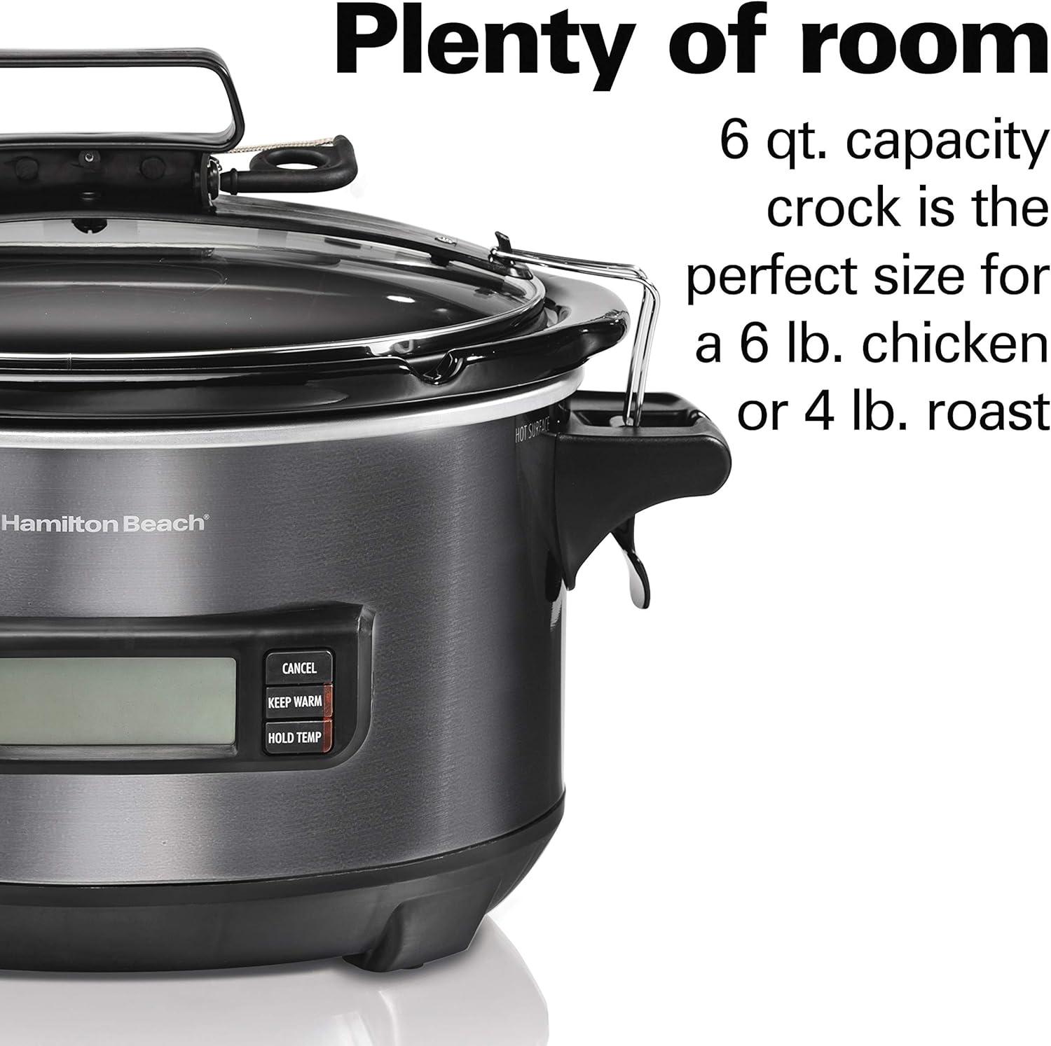 imageHamilton Beach Portable 6 Quart Set amp Forget Digital Programmable Slow Cooker with Lid Lock Temperature Probe amp Defrost Setting Dishwasher Safe Crock amp Lid Silver 33869Temp Tracker Black Stainless