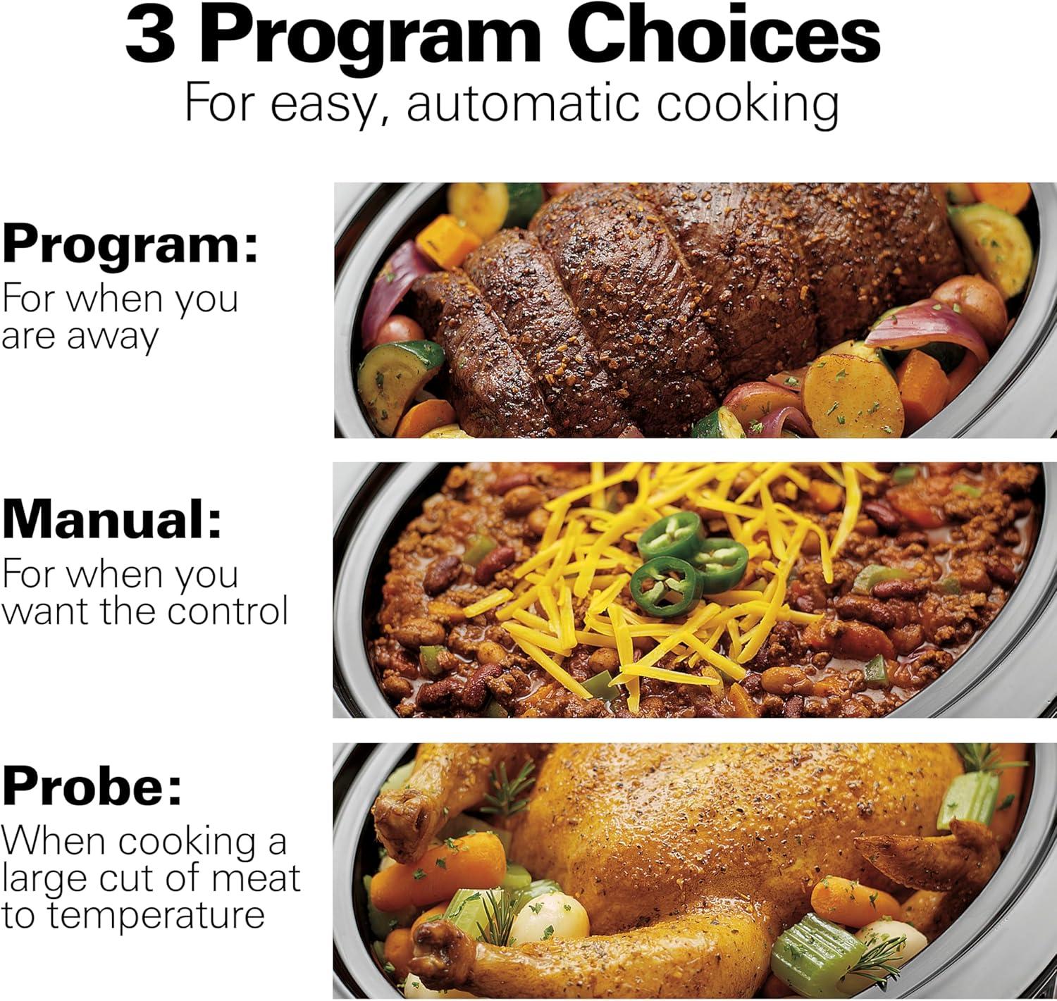 imageHamilton Beach Portable 6 Quart Set amp Forget Digital Programmable Slow Cooker with Lid Lock Temperature Probe amp Defrost Setting Dishwasher Safe Crock amp Lid Silver 33869Set Forget Stainless Steel