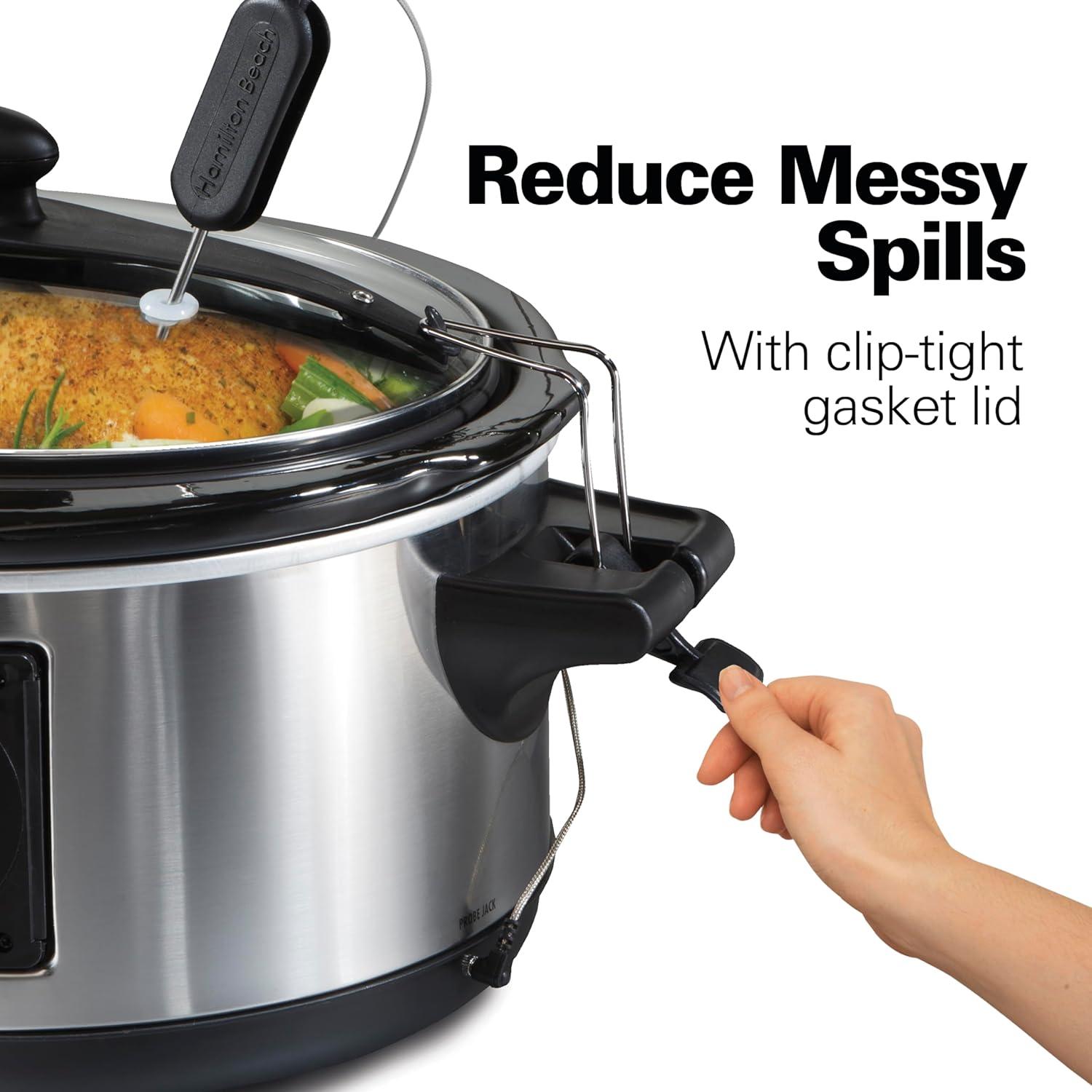 imageHamilton Beach Portable 6 Quart Set amp Forget Digital Programmable Slow Cooker with Lid Lock Temperature Probe amp Defrost Setting Dishwasher Safe Crock amp Lid Silver 33869Set Forget Stainless Steel