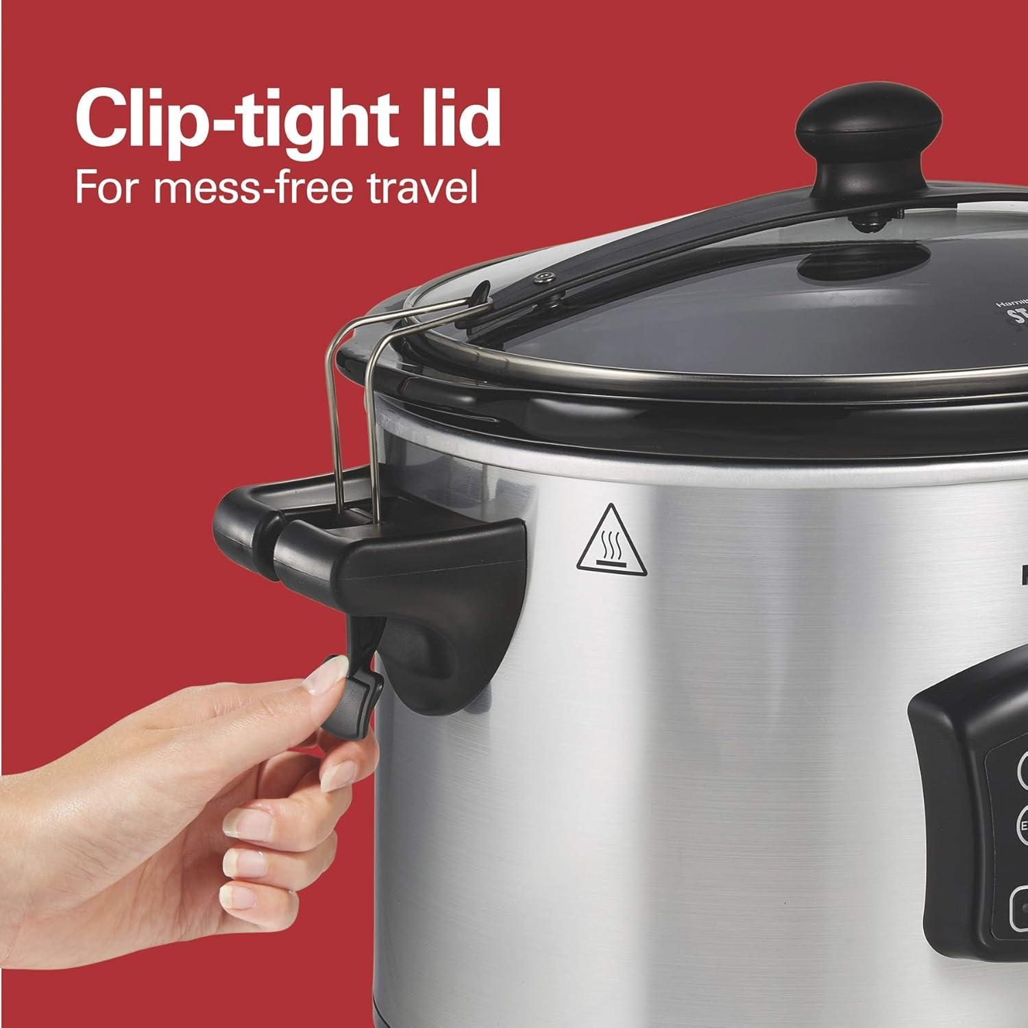 imageHamilton Beach Portable 6 Quart Set amp Forget Digital Programmable Slow Cooker with Lid Lock Temperature Probe amp Defrost Setting Dishwasher Safe Crock amp Lid Silver 33869Defrost Silver