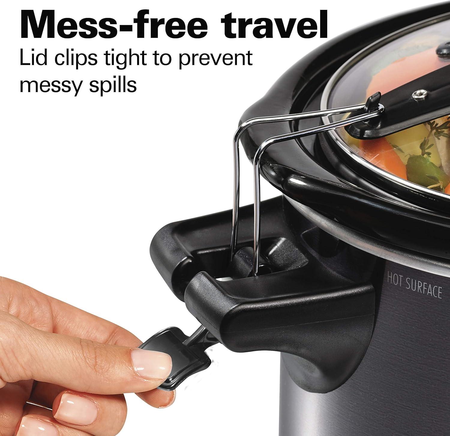 imageHamilton Beach Portable 6 Quart Set amp Forget Digital Programmable Slow Cooker with Lid Lock Temperature Probe amp Defrost Setting Dishwasher Safe Crock amp Lid Silver 33869Temp Tracker Black Stainless