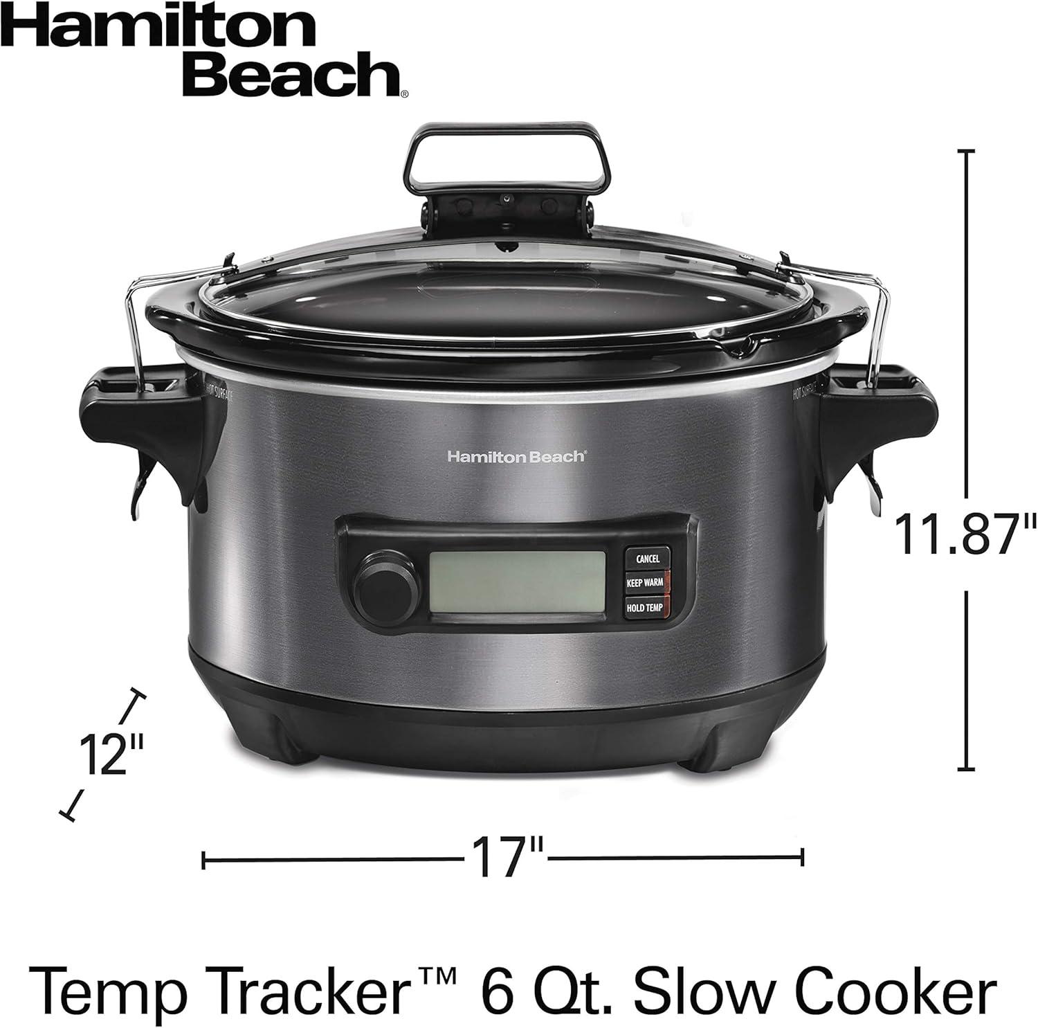 imageHamilton Beach Portable 6 Quart Set amp Forget Digital Programmable Slow Cooker with Lid Lock Temperature Probe amp Defrost Setting Dishwasher Safe Crock amp Lid Silver 33869Temp Tracker Black Stainless