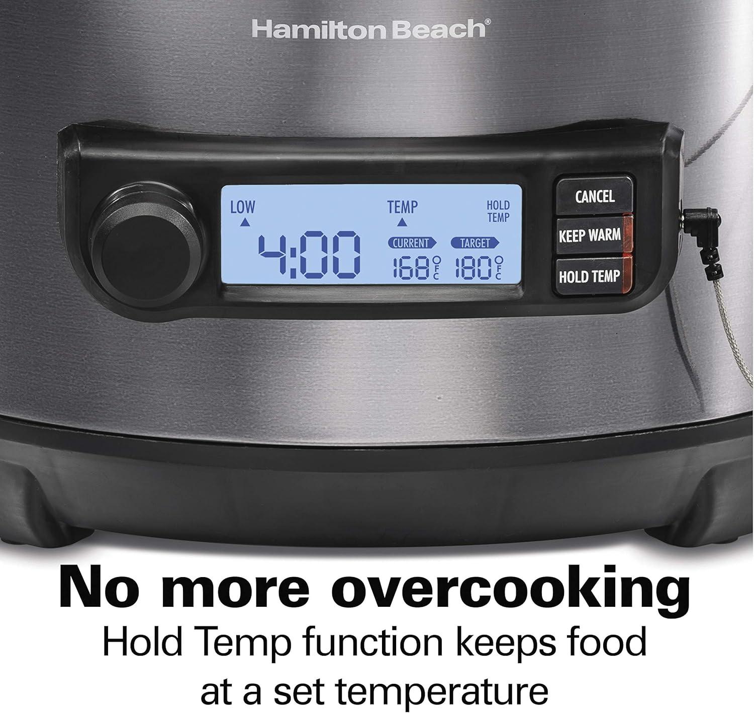 imageHamilton Beach Portable 6 Quart Set amp Forget Digital Programmable Slow Cooker with Lid Lock Temperature Probe amp Defrost Setting Dishwasher Safe Crock amp Lid Silver 33869Temp Tracker Black Stainless