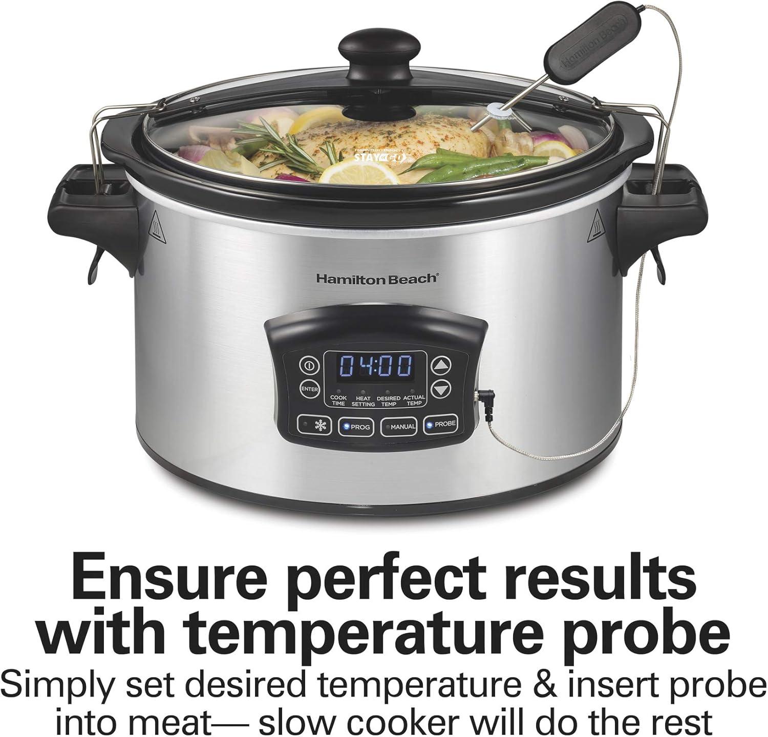 imageHamilton Beach Portable 6 Quart Set amp Forget Digital Programmable Slow Cooker with Lid Lock Temperature Probe amp Defrost Setting Dishwasher Safe Crock amp Lid Silver 33869Defrost Silver