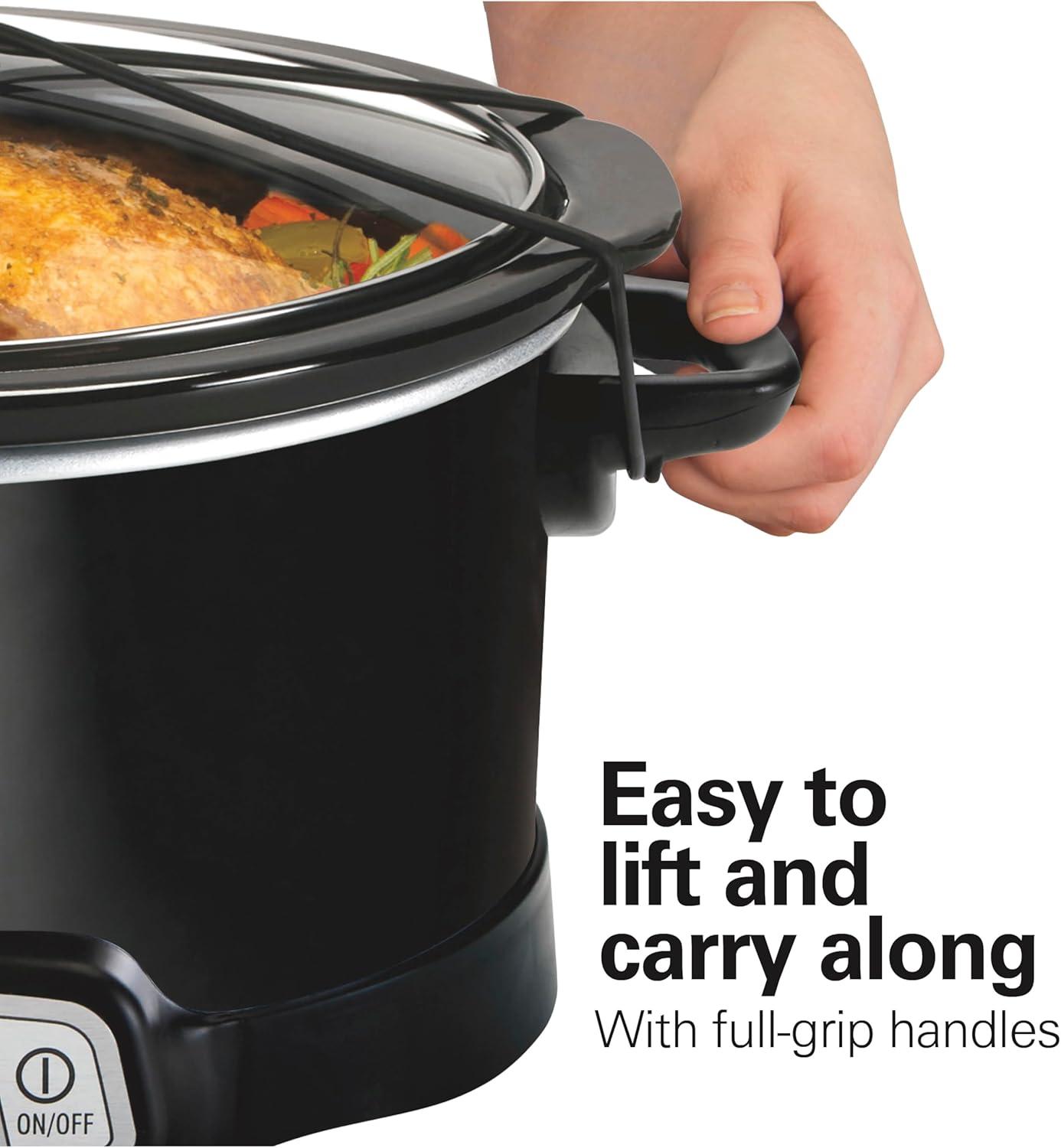 imageHamilton Beach Portable 7 Quart Programmable Slow Cooker with Three Temperature Settings Lid Latch Strap for Easy Travel Dishwasher Safe Crock Black 33474GLid Latch Strap for Easy Travel Black