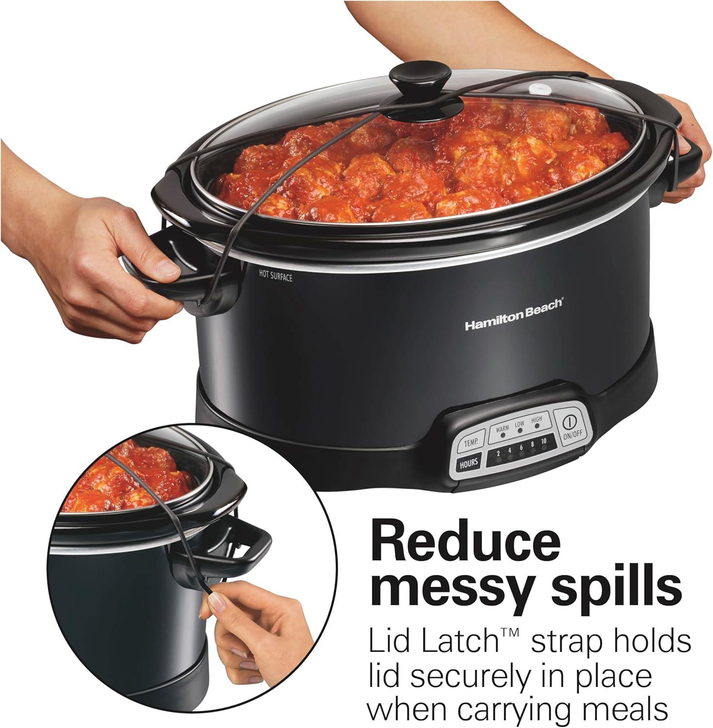 imageHamilton Beach Portable 7 Quart Programmable Slow Cooker with Three Temperature Settings Lid Latch Strap for Easy Travel Dishwasher Safe Crock Black 33474GLid Latch Strap for Easy Travel Black