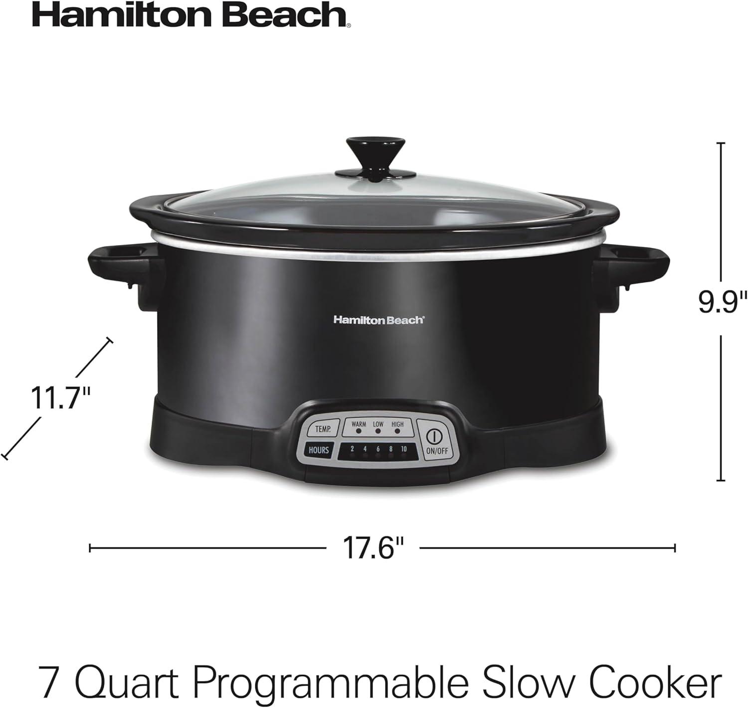 imageHamilton Beach Portable 7 Quart Programmable Slow Cooker with Three Temperature Settings Lid Latch Strap for Easy Travel Dishwasher Safe Crock Black 33474GLid Latch Strap for Easy Travel Black