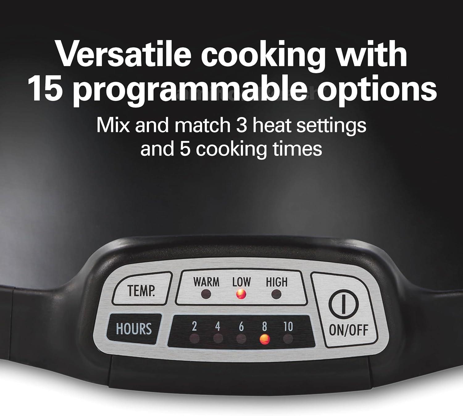 imageHamilton Beach Portable 7 Quart Programmable Slow Cooker with Three Temperature Settings Lid Latch Strap for Easy Travel Dishwasher Safe Crock Black 33474GLid Latch Strap for Easy Travel Black