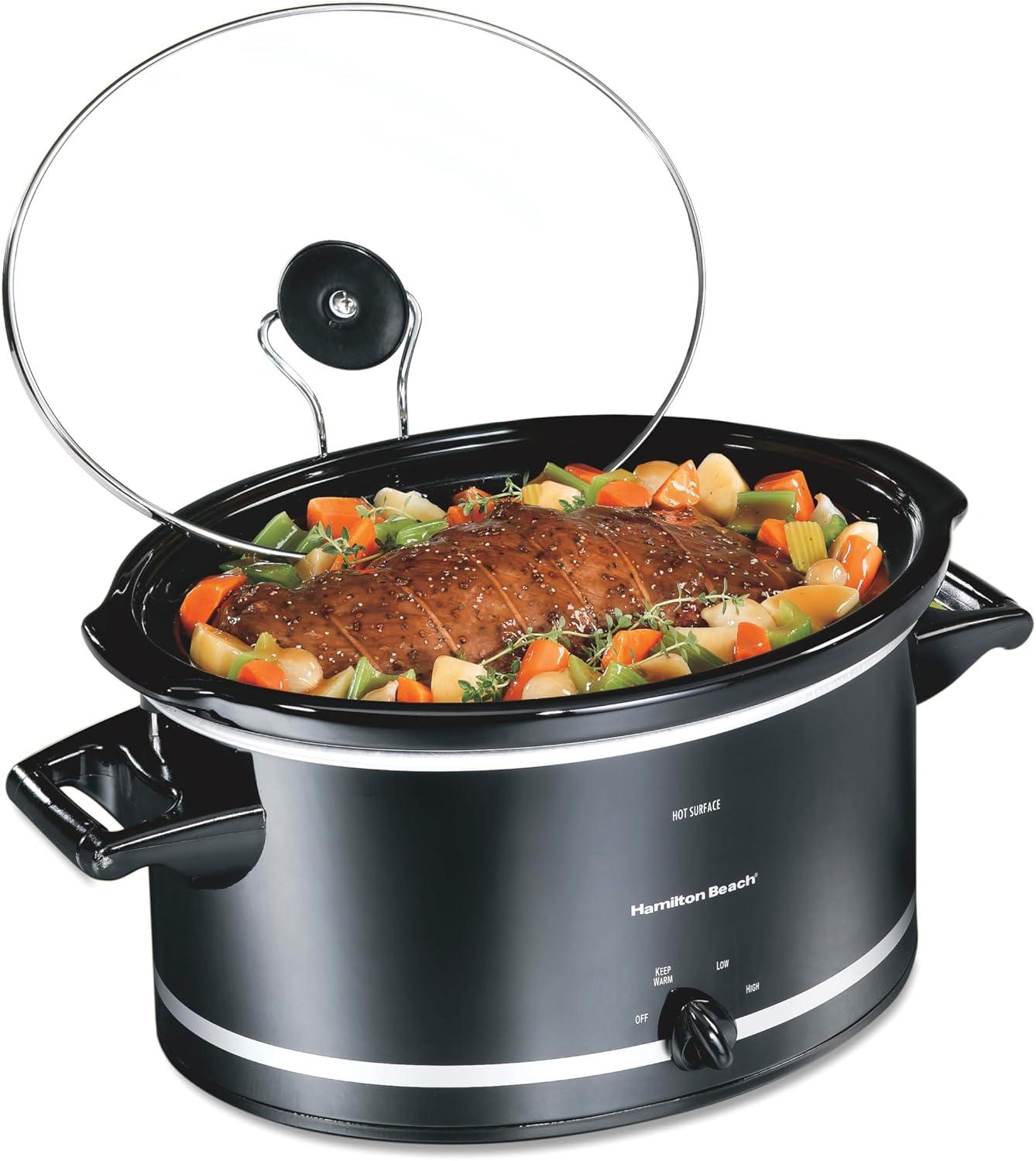 imageHamilton Beach Slow Cooker with 3 Cooking Settings DishwasherSafe Stoneware Crock amp Glass 8Quart BuiltIn Lid Rest BlackBlack
