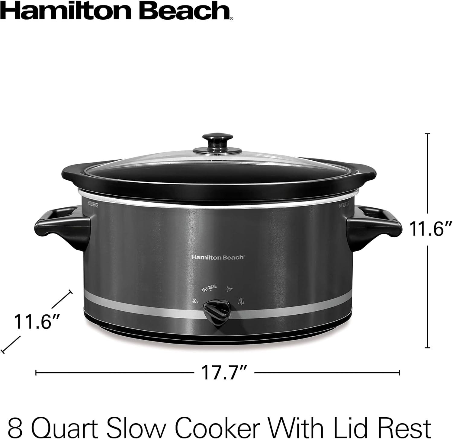 imageHamilton Beach Slow Cooker with 3 Cooking Settings DishwasherSafe Stoneware Crock amp Glass 8Quart BuiltIn Lid Rest BlackBlack