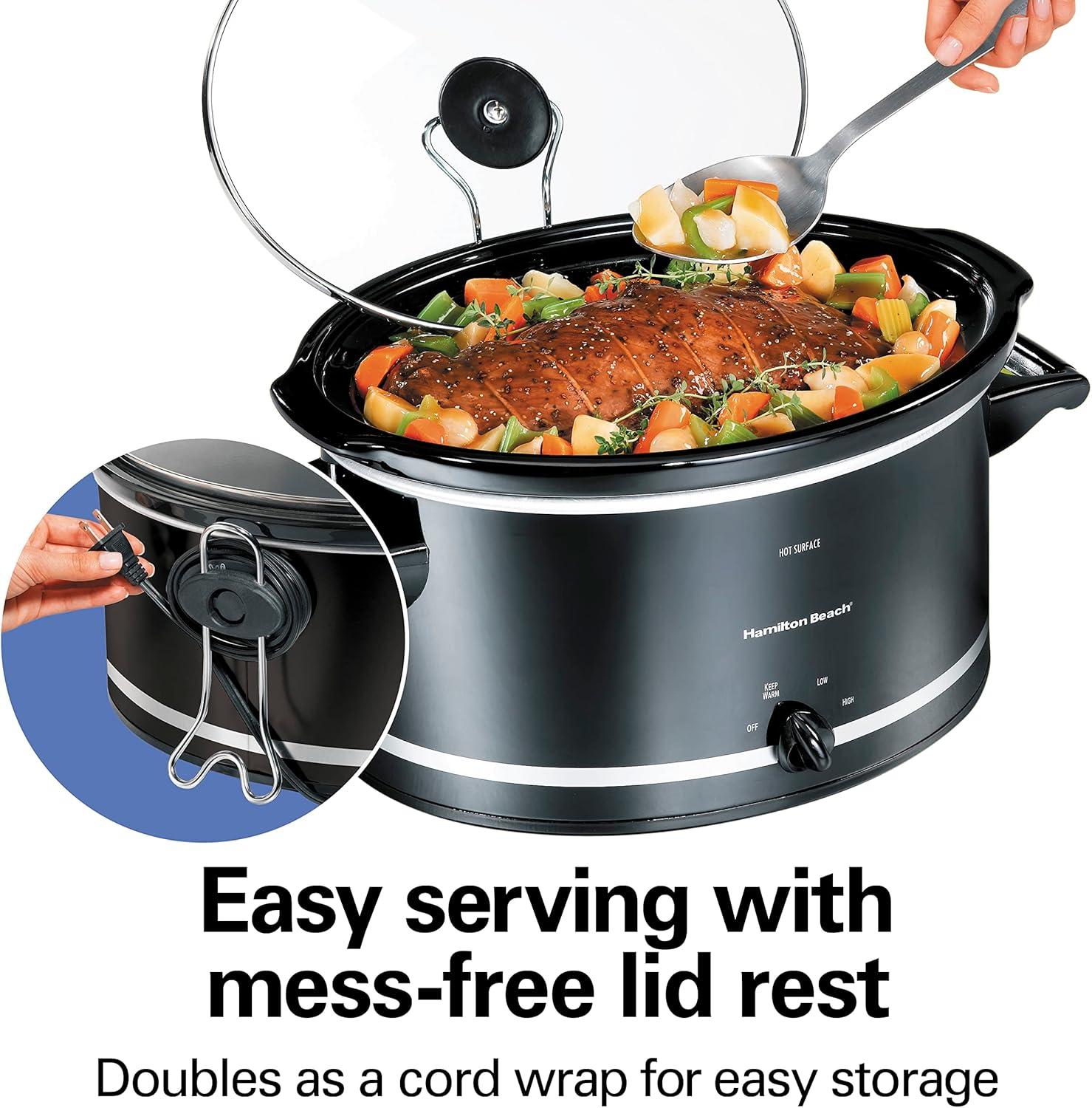 imageHamilton Beach Slow Cooker with 3 Cooking Settings DishwasherSafe Stoneware Crock amp Glass 8Quart BuiltIn Lid Rest BlackBlack