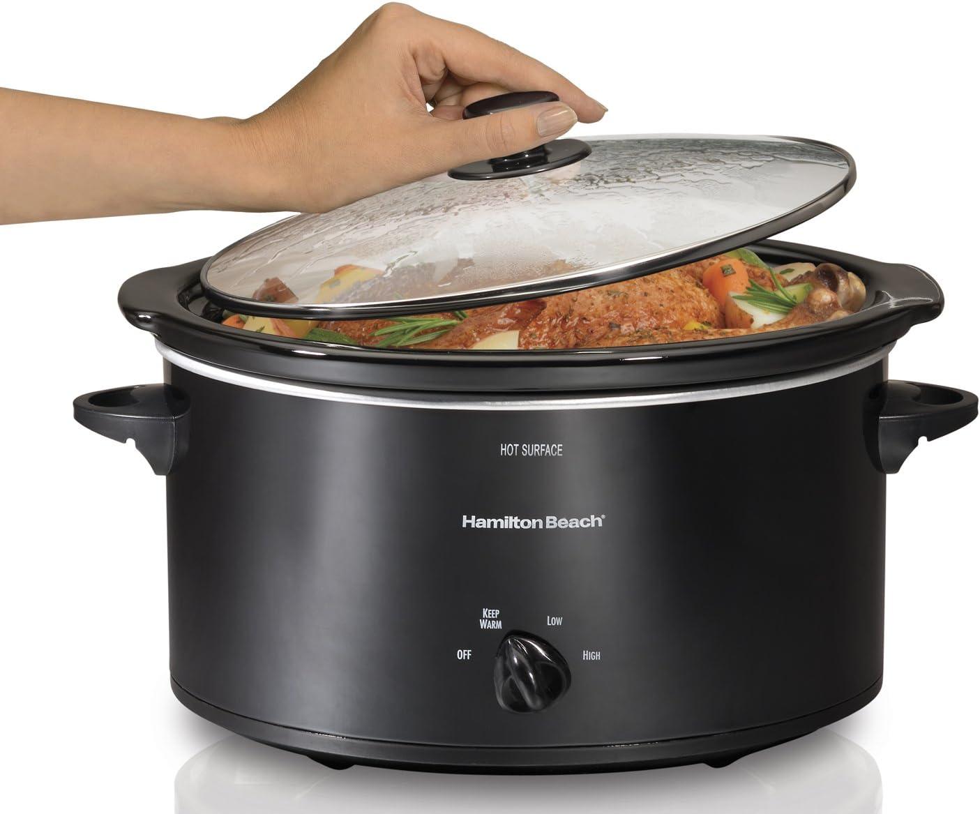 imageHamilton Beach Slow Cooker with 3 Cooking Settings DishwasherSafe Stoneware Crock amp Glass 8Quart BuiltIn Lid Rest BlackBlack