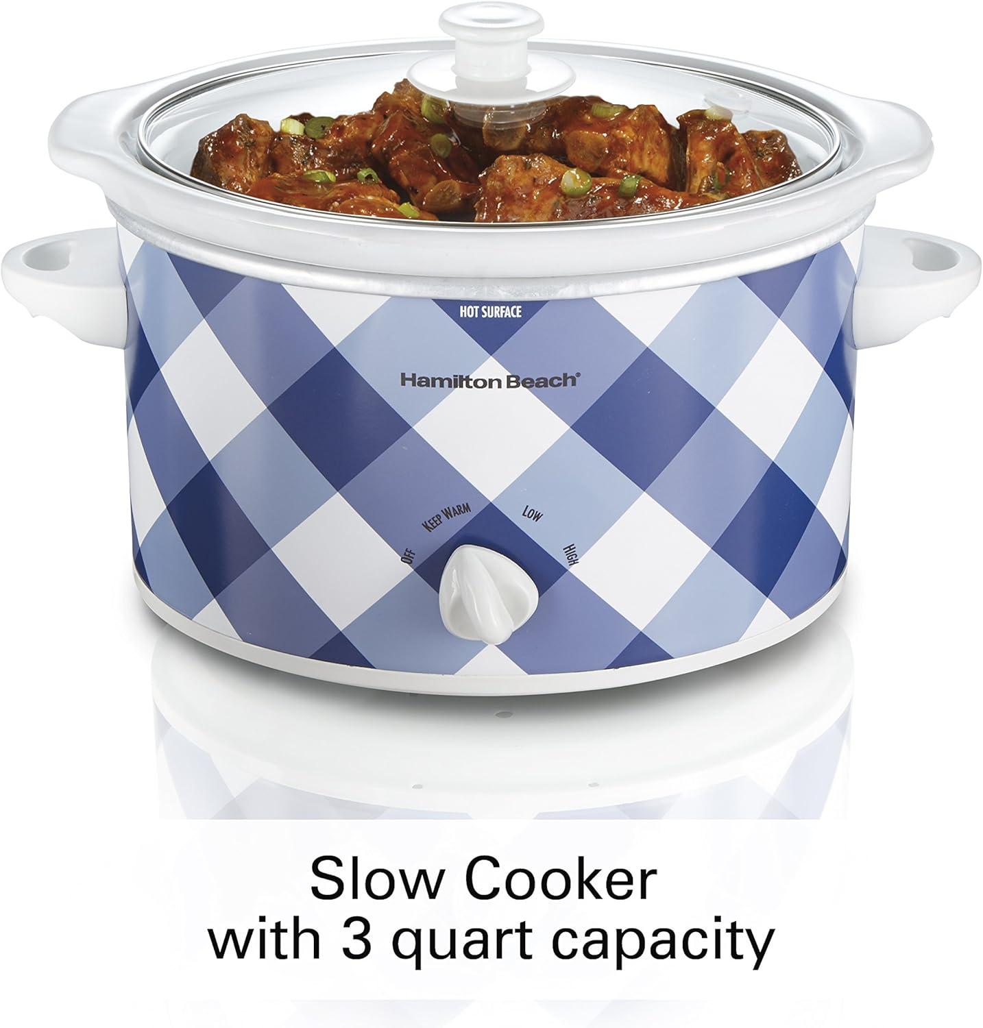 imageHamilton Beach Slow Cooker with 3 Cooking Settings DishwasherSafe Stoneware Crock amp Glass 8Quart BuiltIn Lid Rest BlackBlue