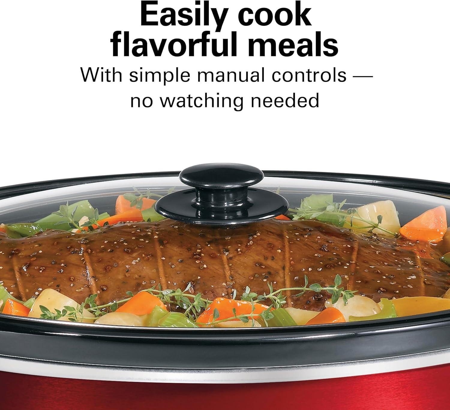 imageHamilton Beach Slow Cooker with 3 Cooking Settings DishwasherSafe Stoneware Crock amp Glass 8Quart BuiltIn Lid Rest BlackRed