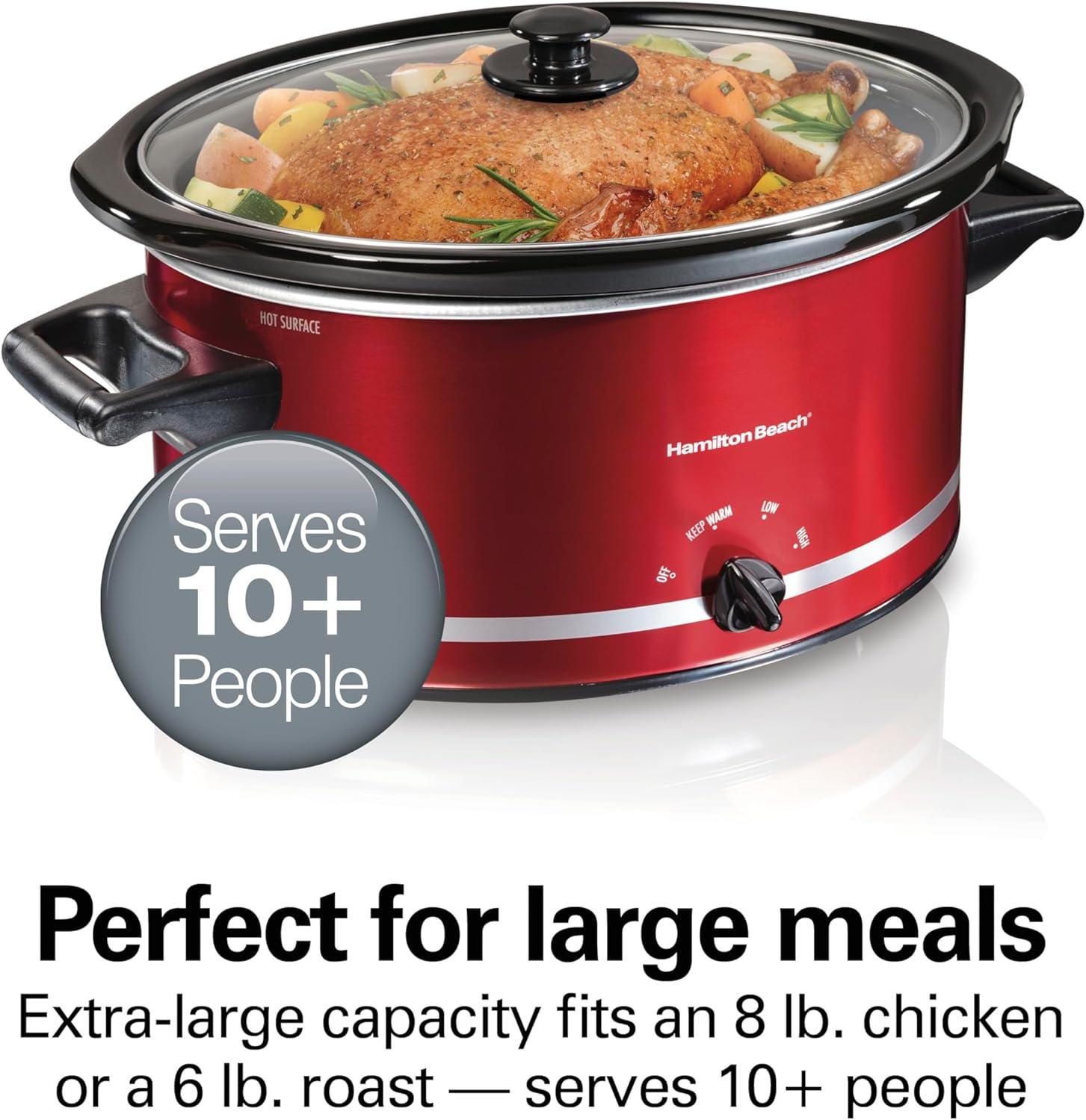 imageHamilton Beach Slow Cooker with 3 Cooking Settings DishwasherSafe Stoneware Crock amp Glass 8Quart BuiltIn Lid Rest BlackRed