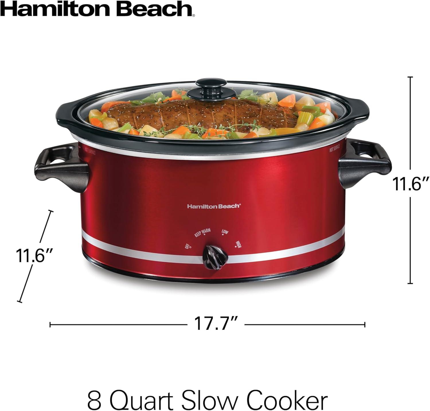 imageHamilton Beach Slow Cooker with 3 Cooking Settings DishwasherSafe Stoneware Crock amp Glass 8Quart BuiltIn Lid Rest BlackRed