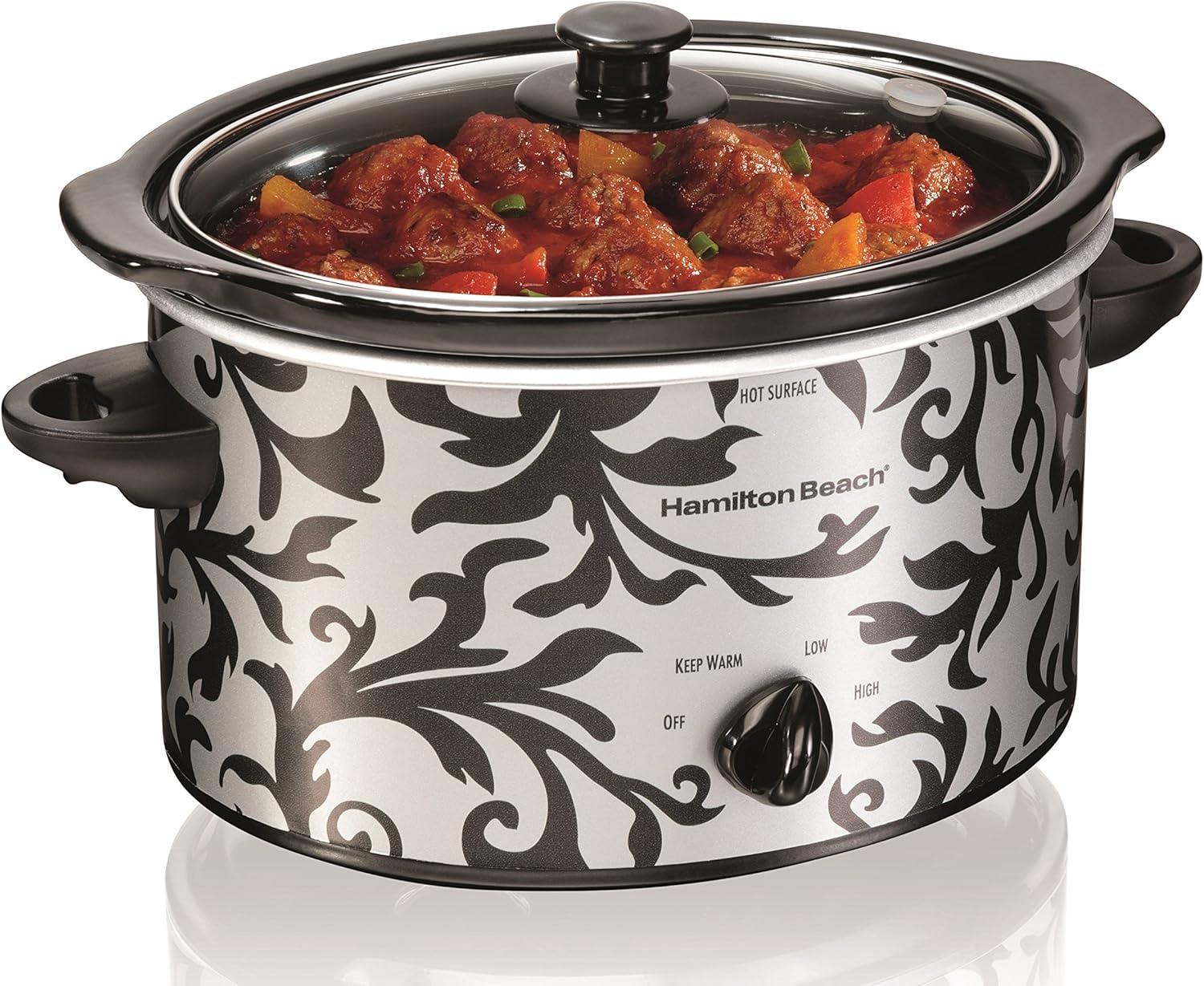 imageHamilton Beach Slow Cooker with 3 Cooking Settings DishwasherSafe Stoneware Crock amp Glass 8Quart BuiltIn Lid Rest BlackSilver