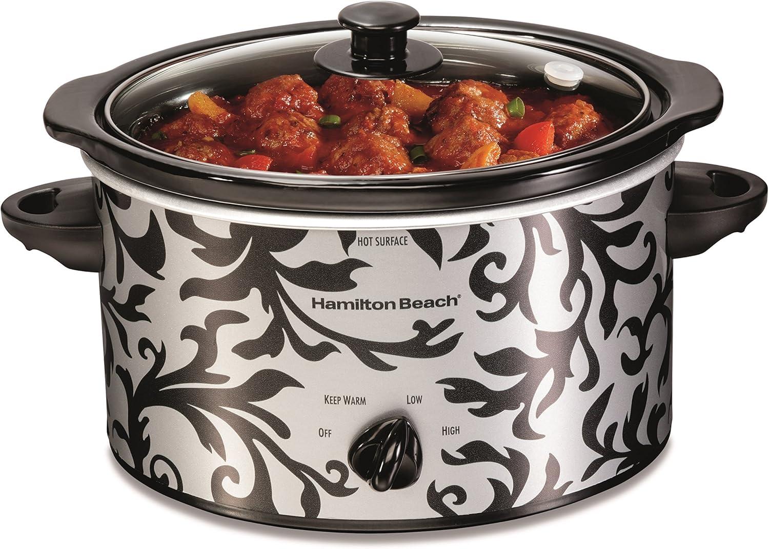 imageHamilton Beach Slow Cooker with 3 Cooking Settings DishwasherSafe Stoneware Crock amp Glass 8Quart BuiltIn Lid Rest BlackSilver