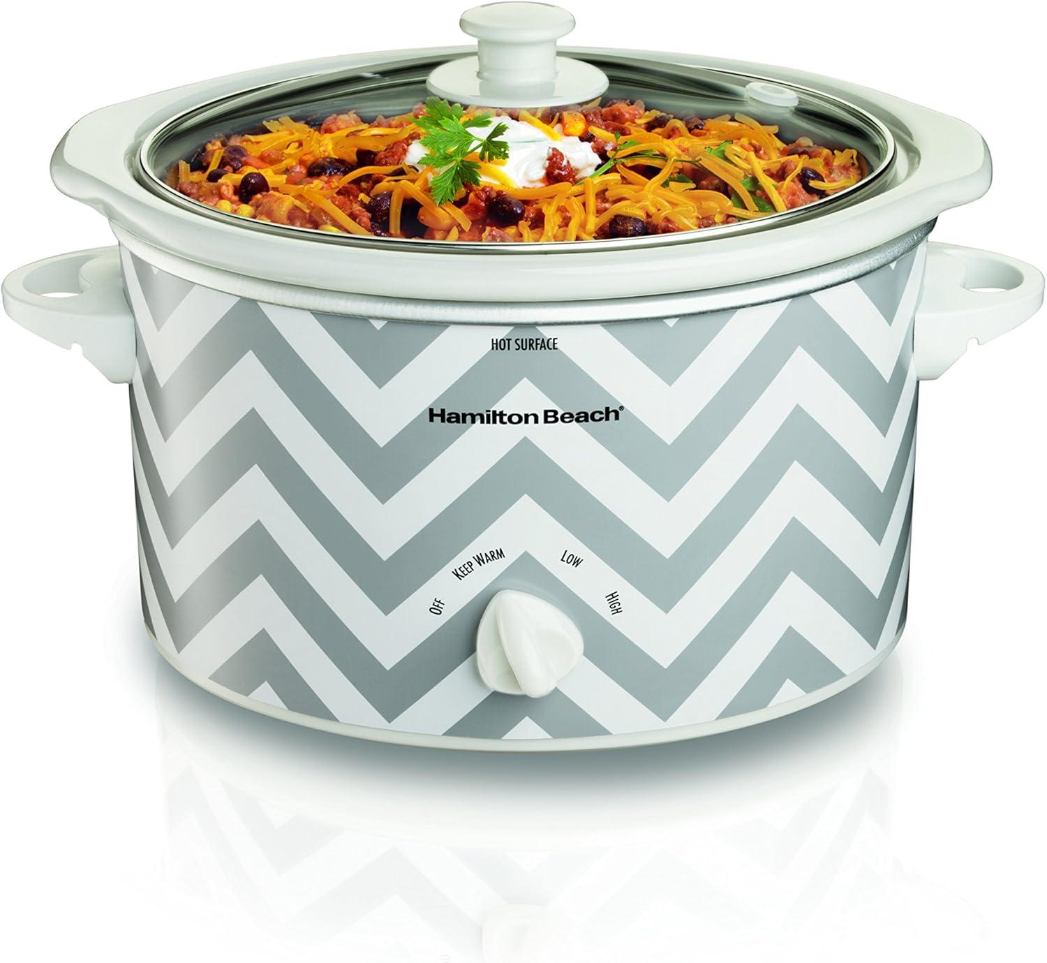 imageHamilton Beach Slow Cooker with 3 Cooking Settings DishwasherSafe Stoneware Crock amp Glass 8Quart BuiltIn Lid Rest BlackWhiteGray