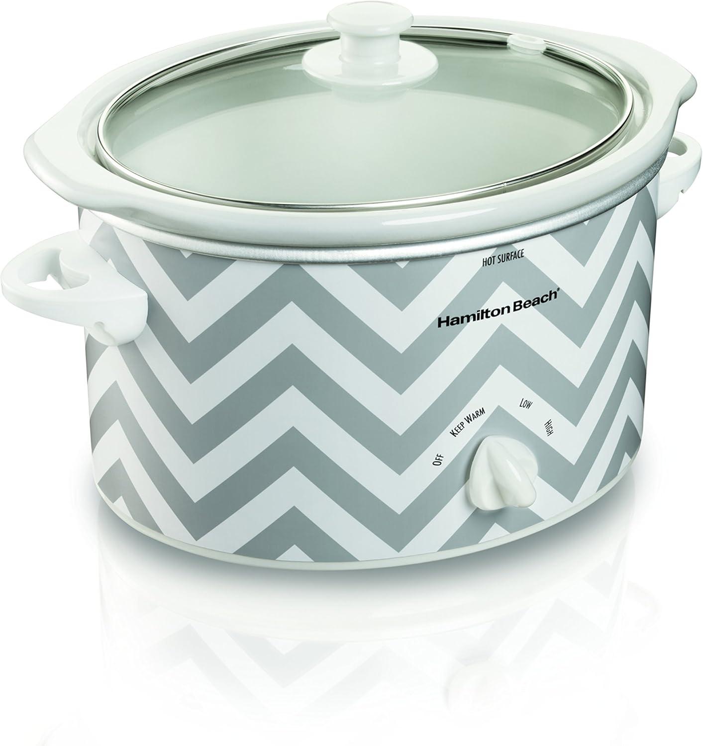 imageHamilton Beach Slow Cooker with 3 Cooking Settings DishwasherSafe Stoneware Crock amp Glass 8Quart BuiltIn Lid Rest BlackWhiteGray